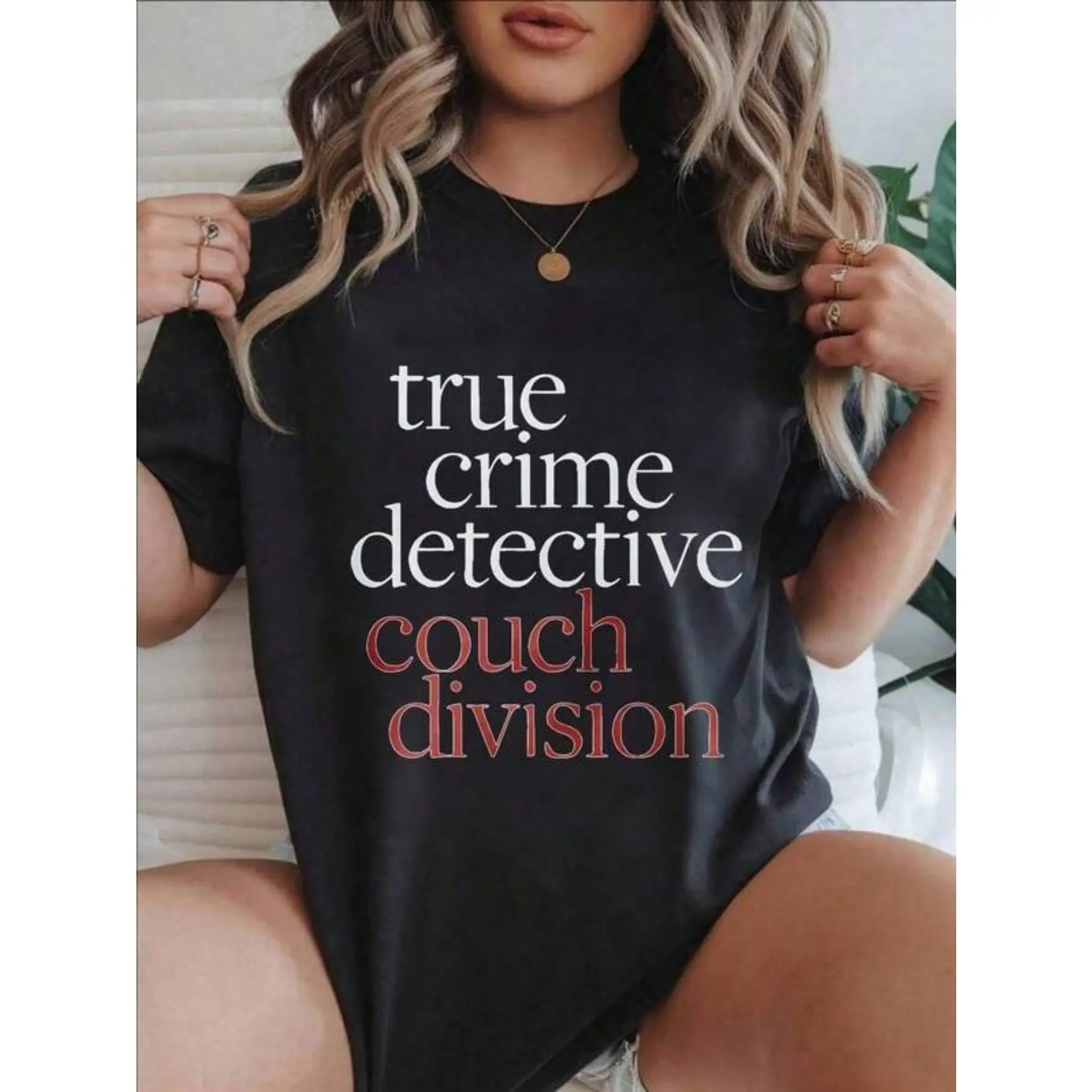 Women's T-Shirt True Crime Detective Couch Division crew neck graphic t-shirt funny sarcastic