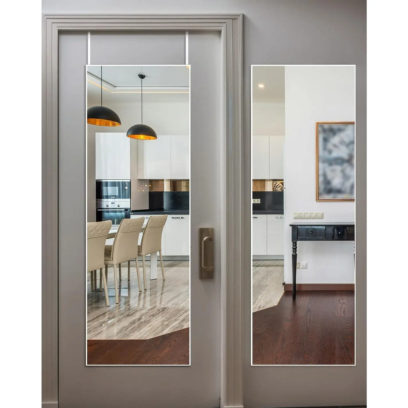 48"x14" Over-The-Door Full Length Mirror - No Drill Hanging with Metal Hooks, Shatterproof Glass & Aluminum Frame for Bathroom, Bedroom, Entryway Decor（Silver White）Gift.