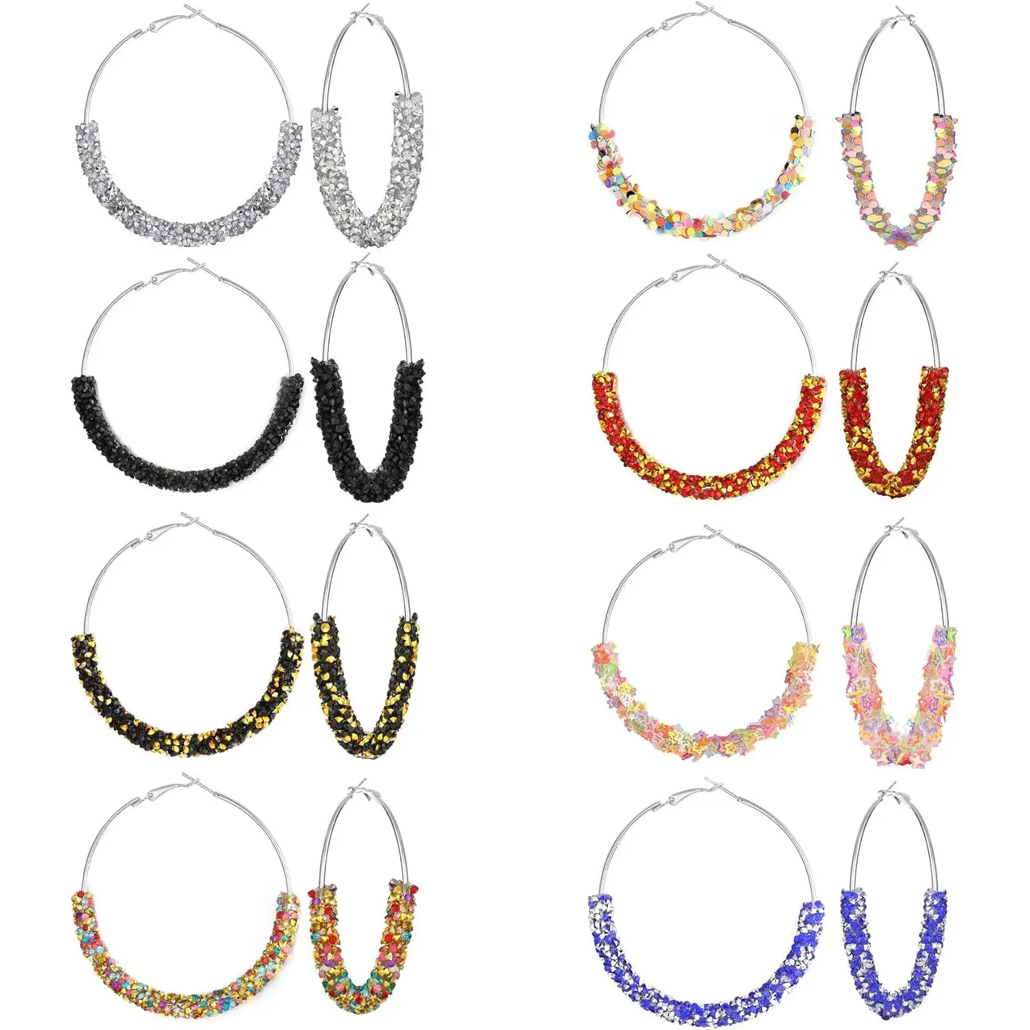 8 Pairs Glitter Hoop Earrings, Sparkly Resin & Rhinestone Wrapped Large Hoop Earrings, 65MM