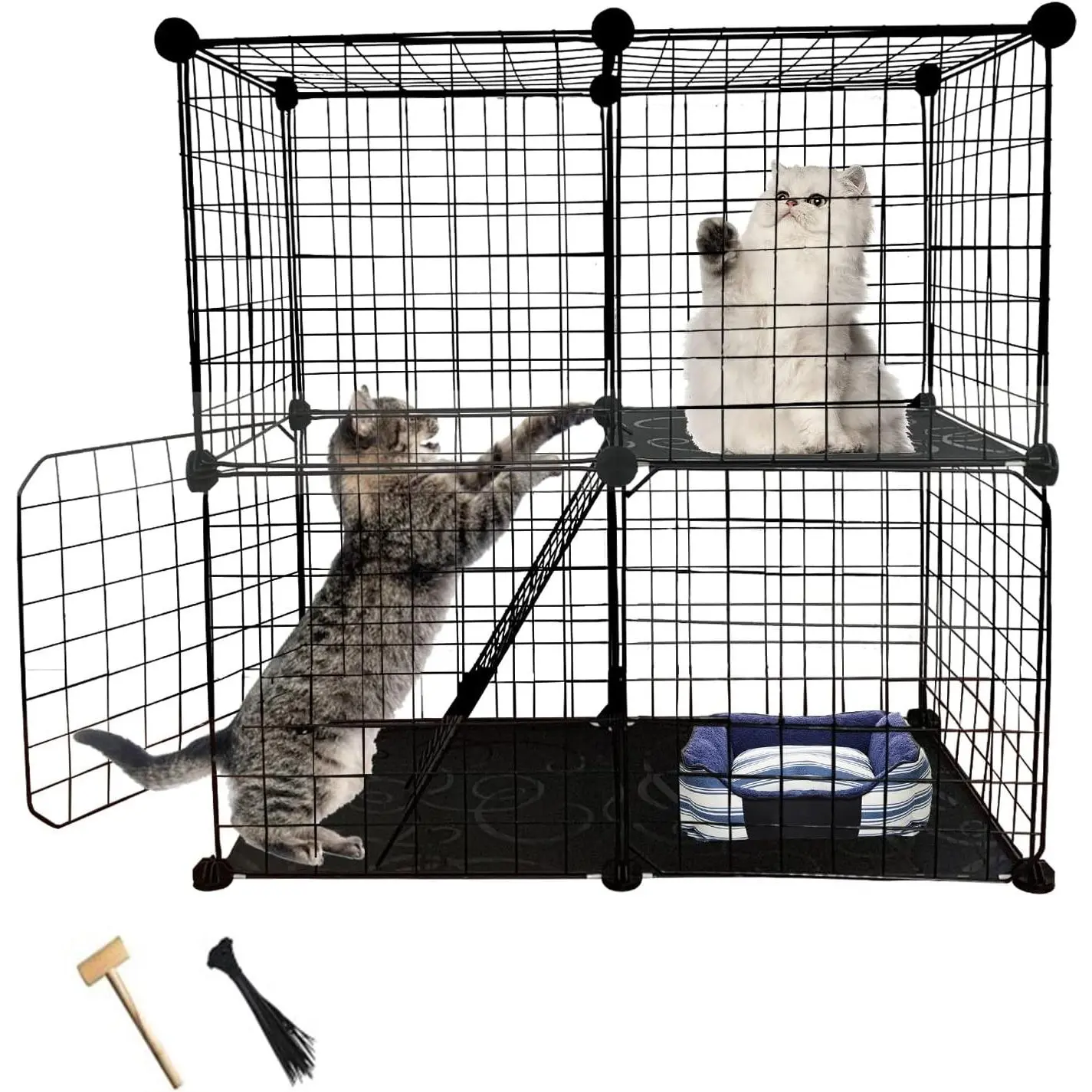 2 Tier Indoor Cat Cage, Removable Metal Detachable Kitten Cage, Portable DIY Collapsible Small Animal Playpen House for Cats Bunny Puppies Guinea Pig Rabbit Hedgehog Rat (Black)