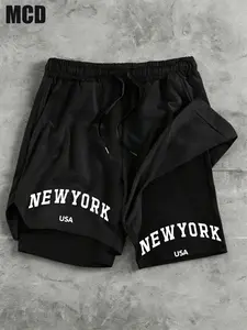 Mcd New York Usa Vintage Arc Bold Text Print Shorts, Unisex Quick Dry Drawstring Athletic Shorts, Casual Gym Beach Wear