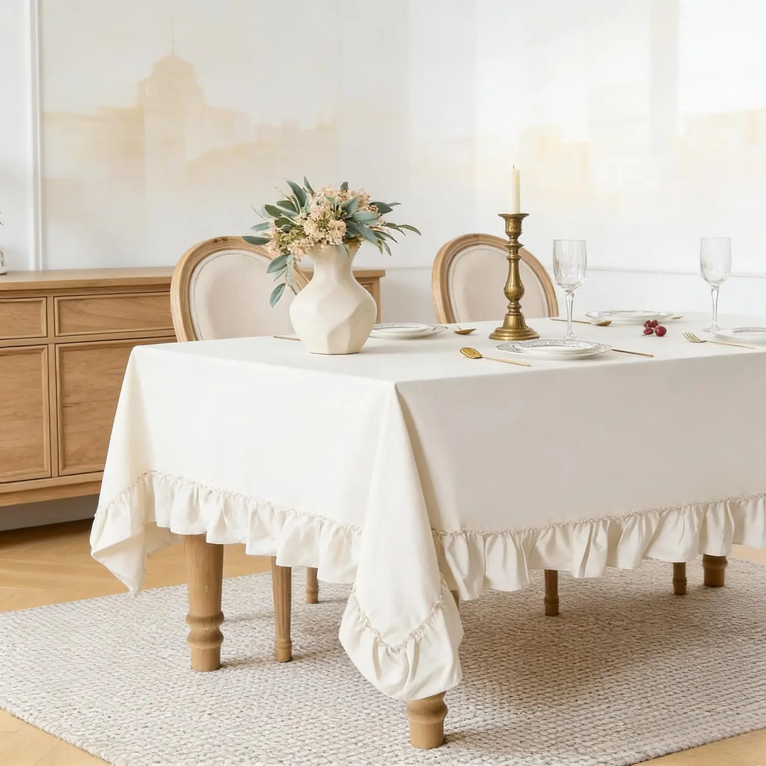 Simple&Opulence 100% Cotton Ruffled Tablecover - Glossy, Minimalist, Elegant, Textured Solid Table Cover for Dining, Party - Washable Square/Rectangular/Circular Retro Farmhouse Linen Tablecloth, 52x70 in