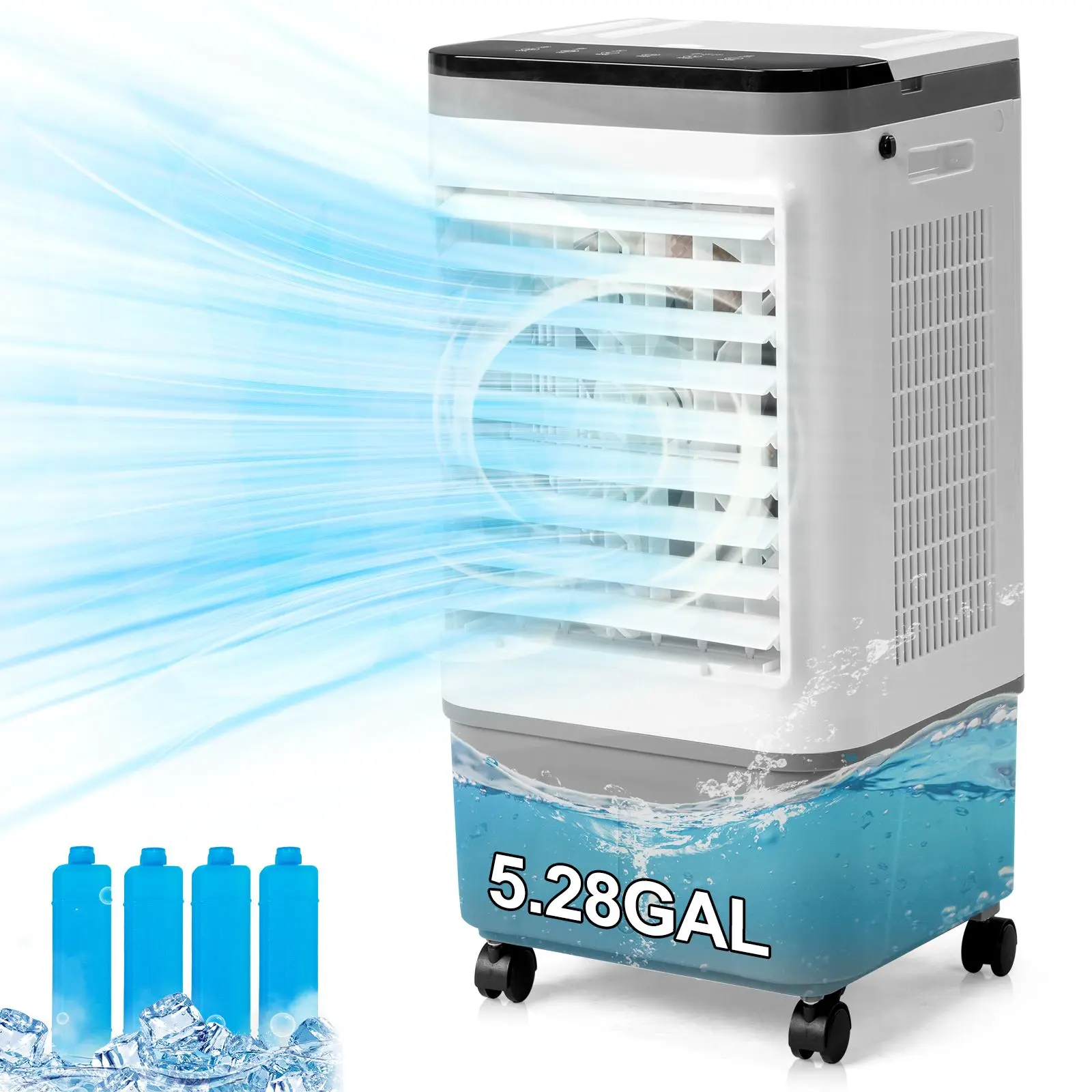 3-in-1 Portable Evaporative Water Cooler - 720R, 461CFM Flow, 5.28 Gal Tank, Copper Motor, 4 Ice Packs, 12H Timer, Remote Control, Scroll Casters, Oscillating, Gray & White (Indoor/Outdoor Leisure & Outdoor Recreation Use), Room Cooler, Personal Evaporati