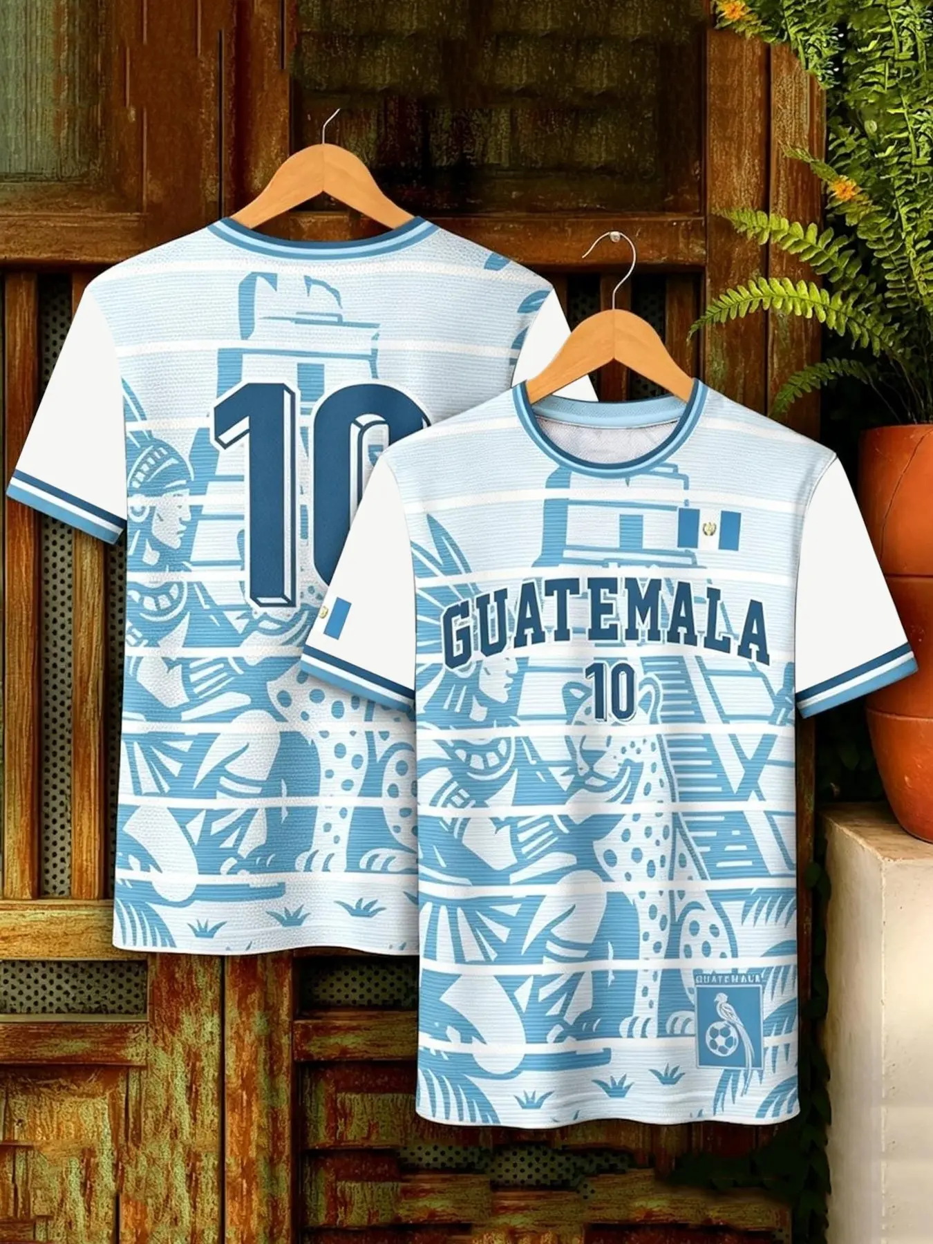 Guatemala No. 10 Fan Short Sleeve Jersey with Blue and White Mayan God Jaguar Print