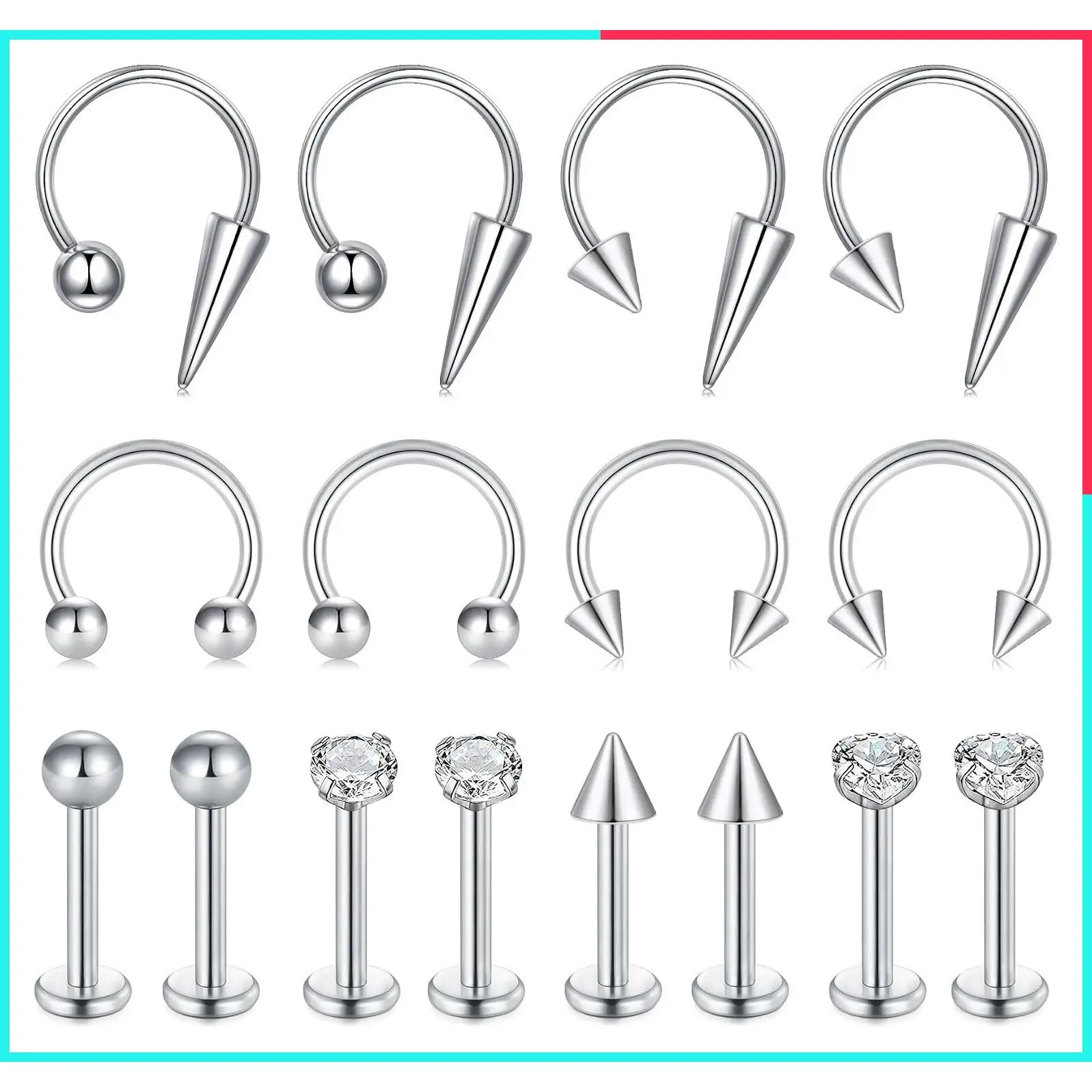 16g Lip Rings, Horseshoe Labret Jewelry, Spike Snake Bite Piercing, Tragus Helix Earrings Studs, Medusa Piercing for Women Men