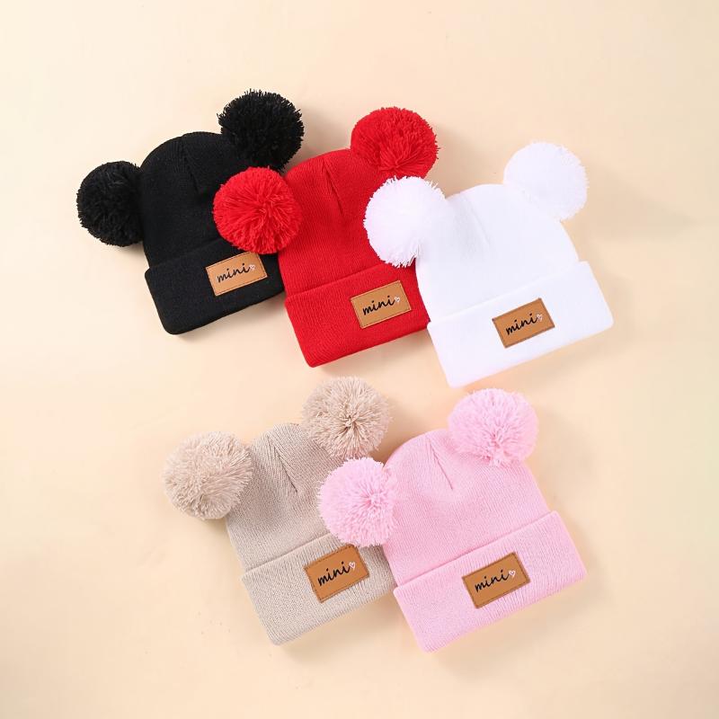 NewNew5 Pack Baby Winter Warm Knit Hats with Pom Poms - Unisex Toddler Beanies, Acrylic, Alphabet Pattern, Hand Wash, Stretch Fit for Infants 0-3 Years, Lightweight for Fall/Winter & Birthday Occasions