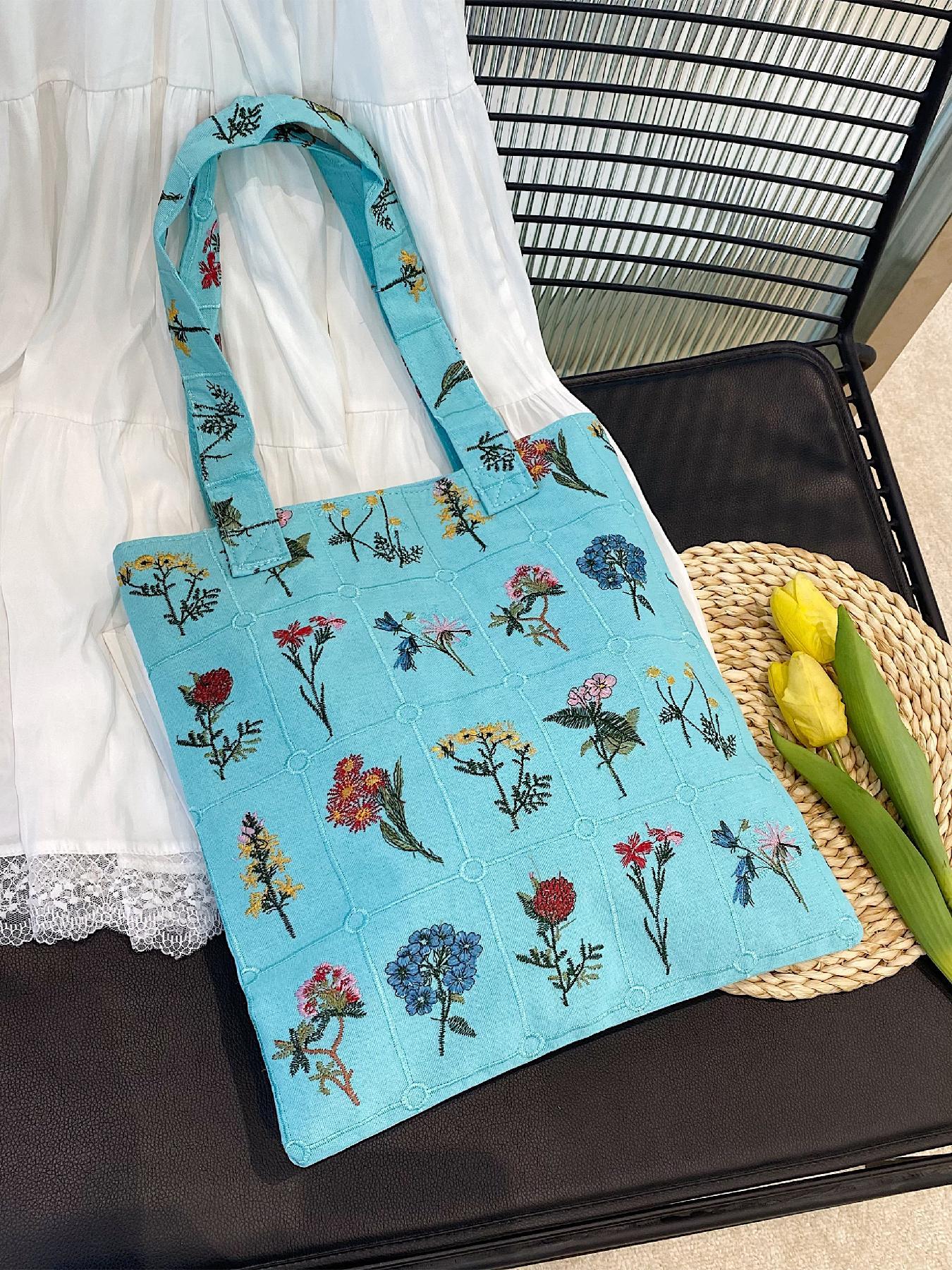 Women's Floral Pattern Embroidered Tote Bag, Fashionable Summer 2024 Large Capacity Shoulder Bag for Teen Girls, Women, Casual Tote Bag