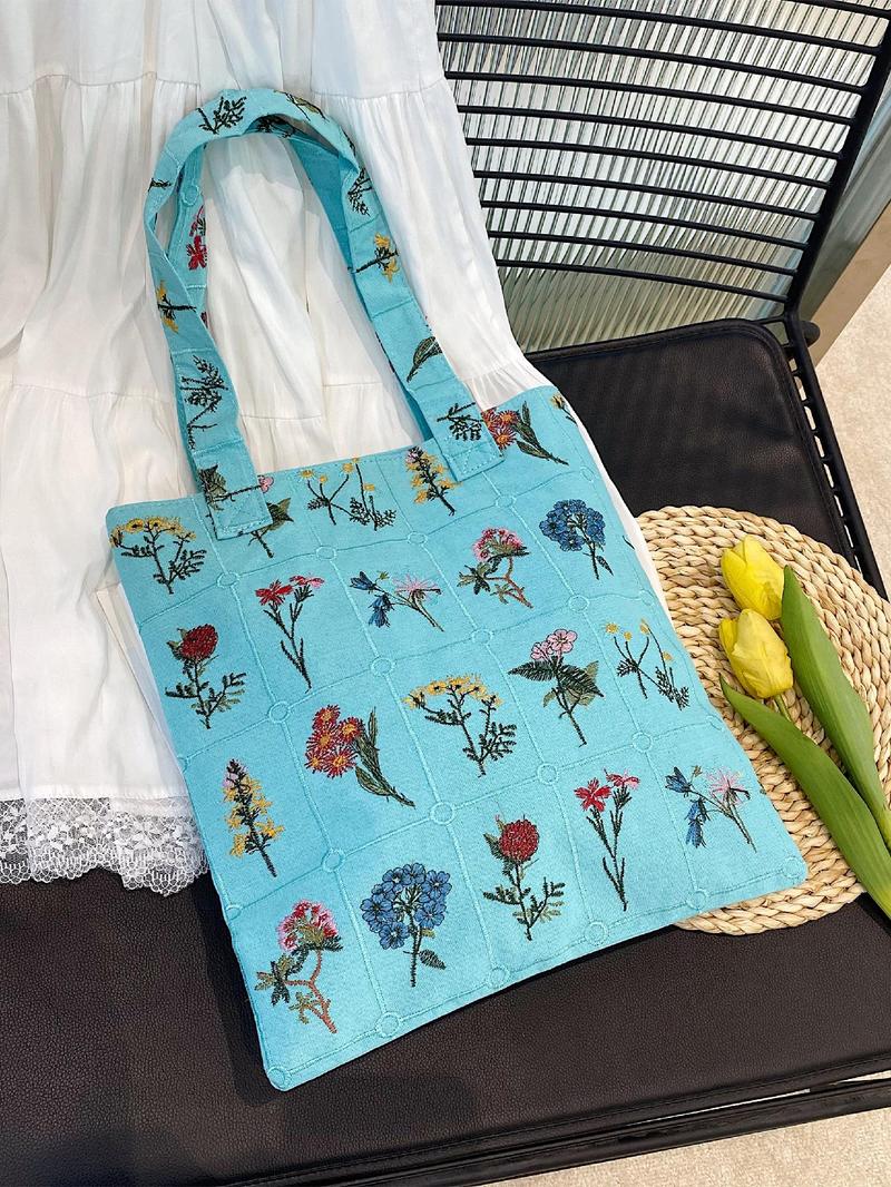 Women's Floral Pattern Embroidered Tote Bag, Fashionable Summer 2024 Large Capacity Shoulder Bag for Teen Girls, Women, Casual Tote Bag