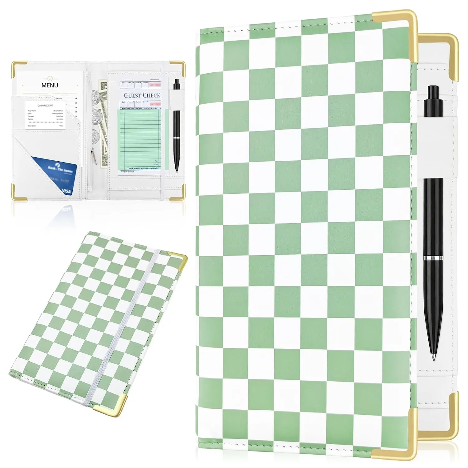 Large PU Leather Waitress Server Book, Retro Checkerboard Check Holder Organizer with Zipper Pockets, Pen Holder & Apron Loop (Green)