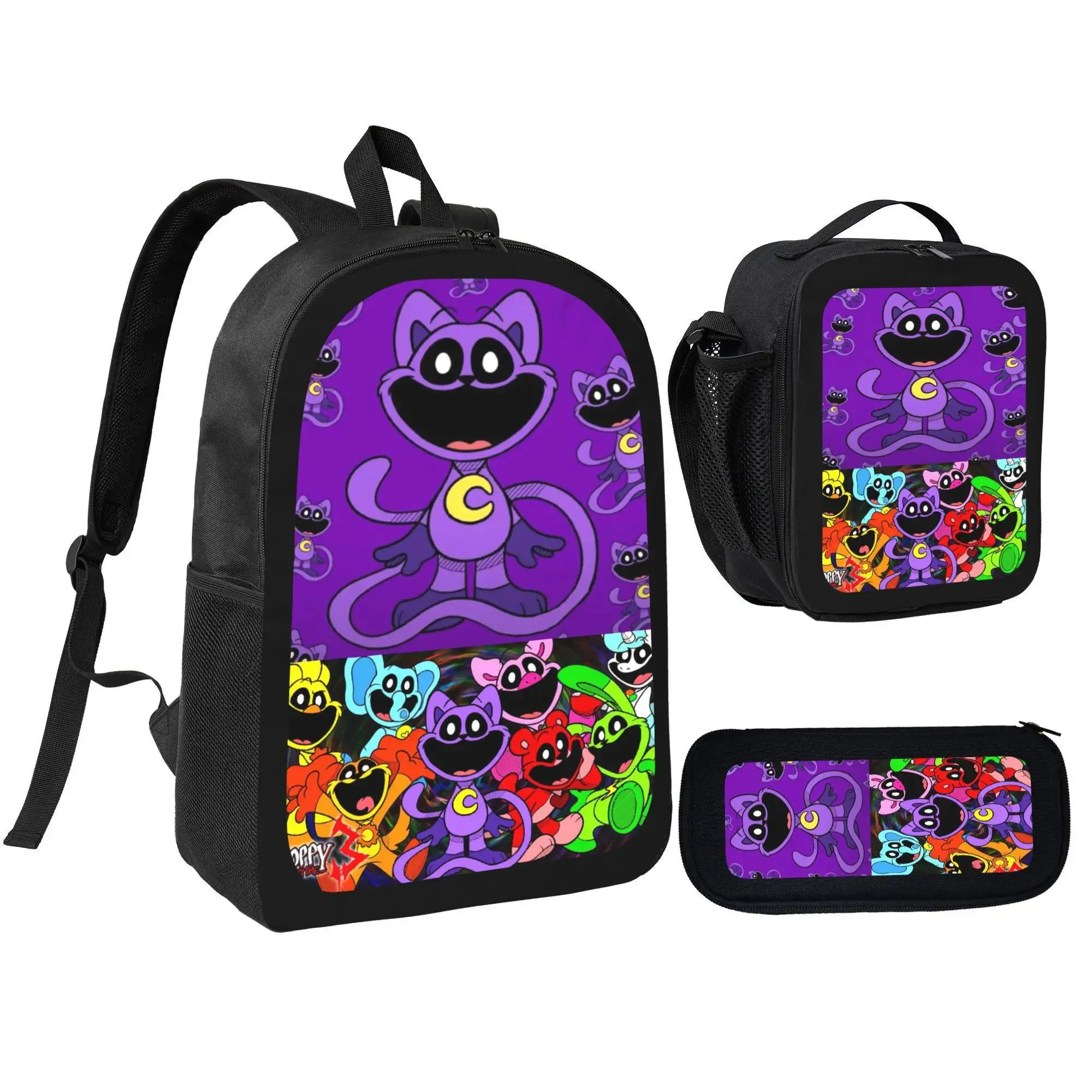Smiling Critters 3-Pcs School Backpack Set - Casual Printed Backpack, 600D Oxford Synthetic Polyester, Compact & Portable, Lightweight Large Capacity, Adjustable Straps, Comfortable Mesh Back Cushioning for Teens (Schoolbag, Lunch Box, Pencil Case), Campu