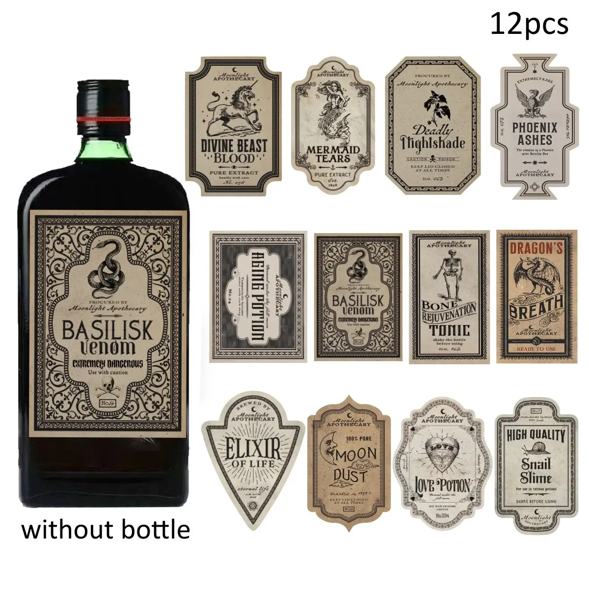 12pcs Creepy Halloween Apothecary Bottle Labels, Horror Wine Bottle Labels, Vintage Scary Potion Bottle Stickers, Halloween Apothecary Bottle Stickers, Halloween Party Decorations