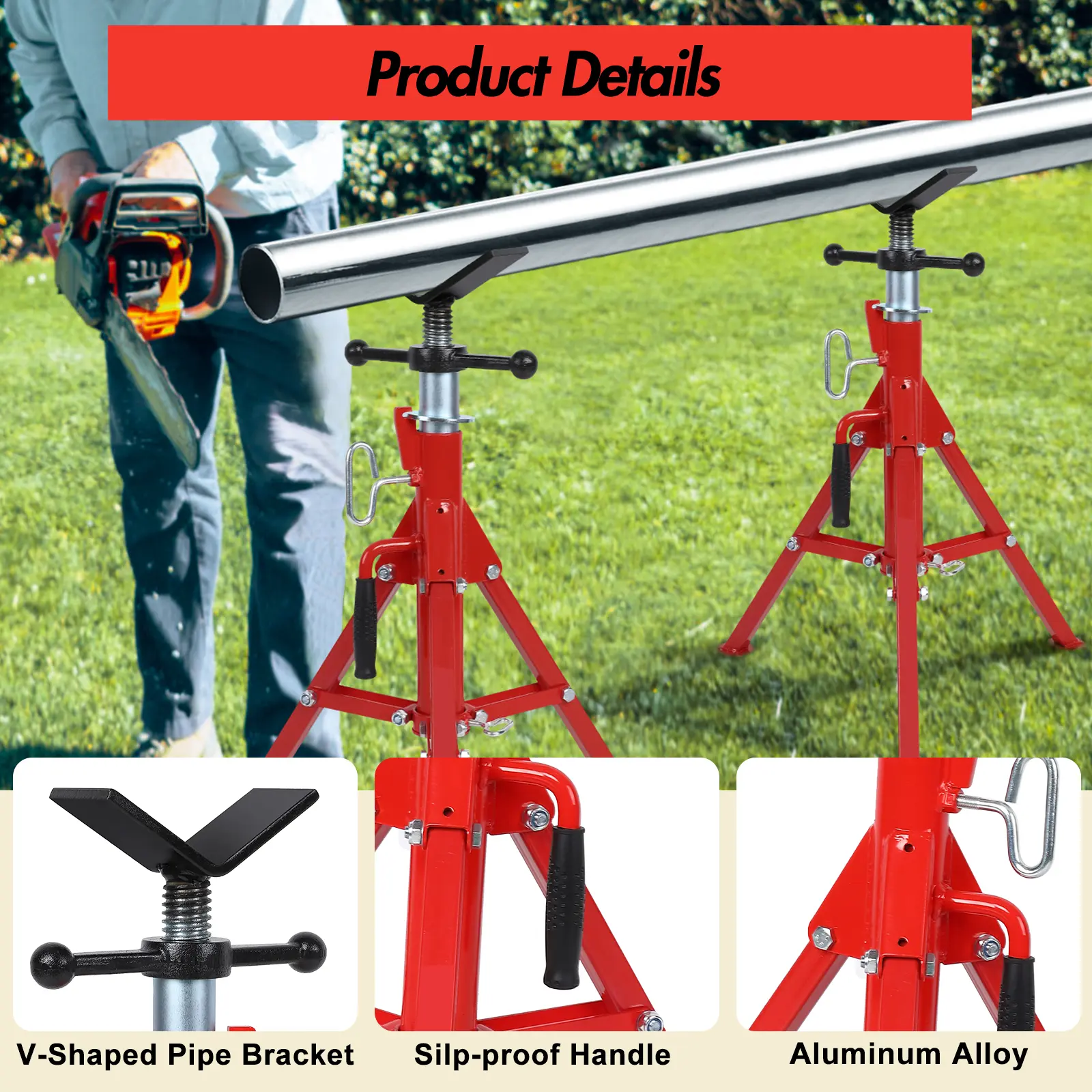Heavy Duty V-Head Pipe Jack Stand – Adjustable Height 28"-52" – 2500 lbs Capacity – Fits 1/2" to 12" Pipes – Folding Portable Carbon Steel – Ideal for Welding, Pipefitting & Threading