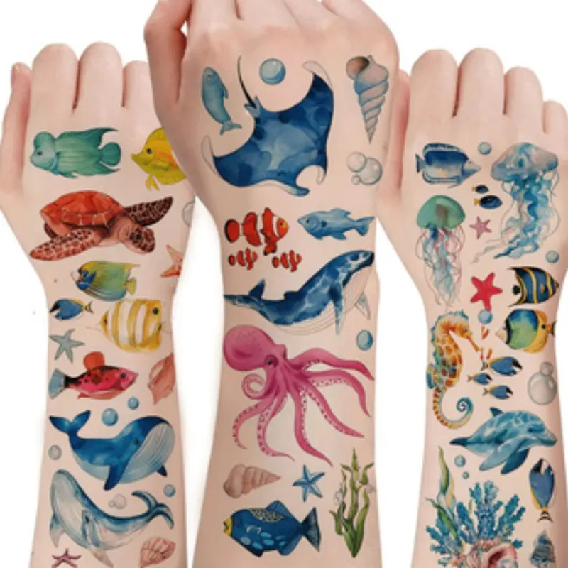10-Pack 3D Colorful Ocean Animal Party Tattoos, Whale Dolphin Starfish Jellyfish Octopus Turtle Seahorse Shell Seaweed Designs, Temporary Body Art, Gift
