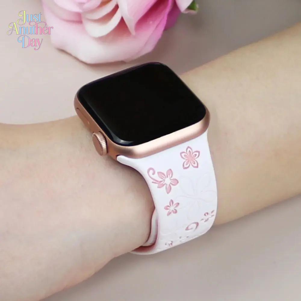 Floral Engraved Silicone Apple Watch Band – Cute Sport Strap (38–49mm, Series & Ultra)