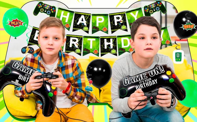 Video Game Birthday Party Decorations for Boys,132pcs Birthday Decorations&Tableware Set-Plates Cups Napkins Tablecloth Balloons