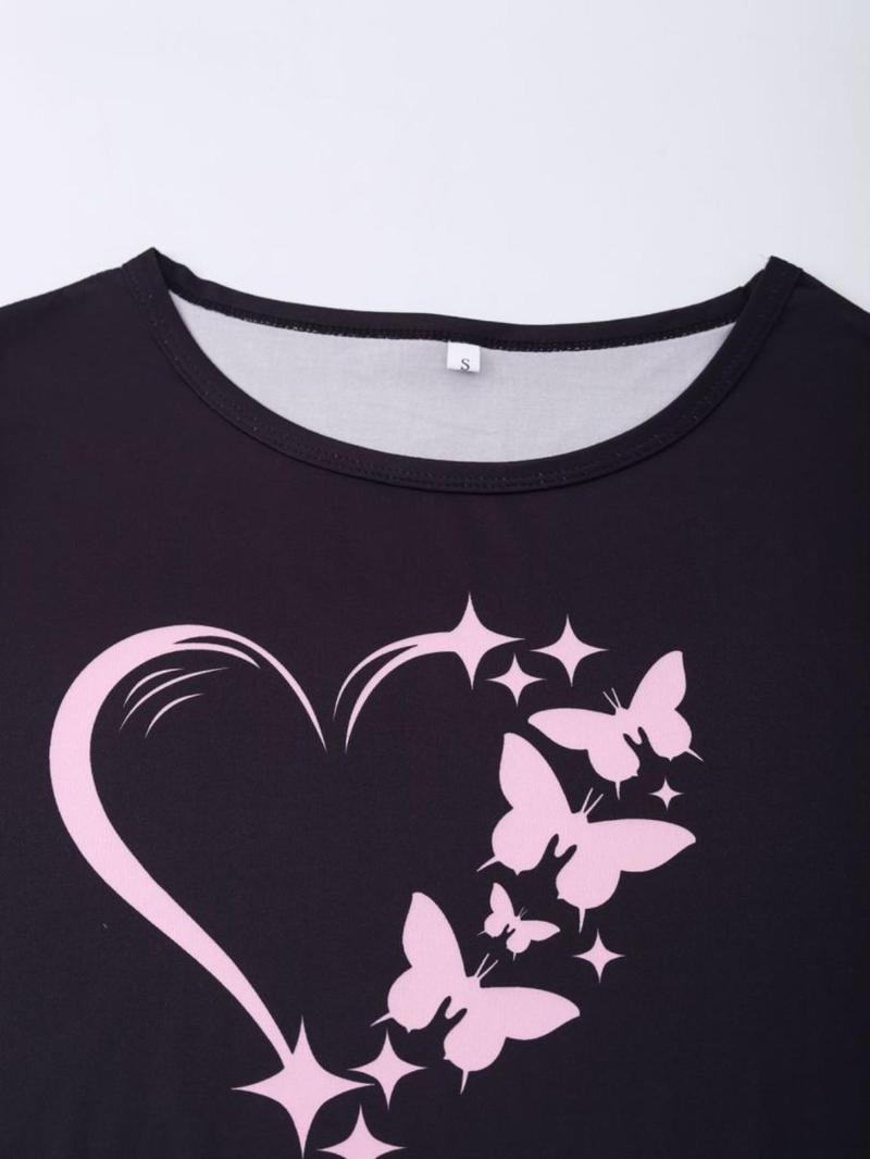 Women's Butterfly & Heart Print Tee & Elastic Waist Pants Pyjama Set, Casual Comfy Round Neck Short Sleeve T-shirt & Trousers PJ Set, Ladies Sleepwear for All Seasons, Sweetheart Pajama Set