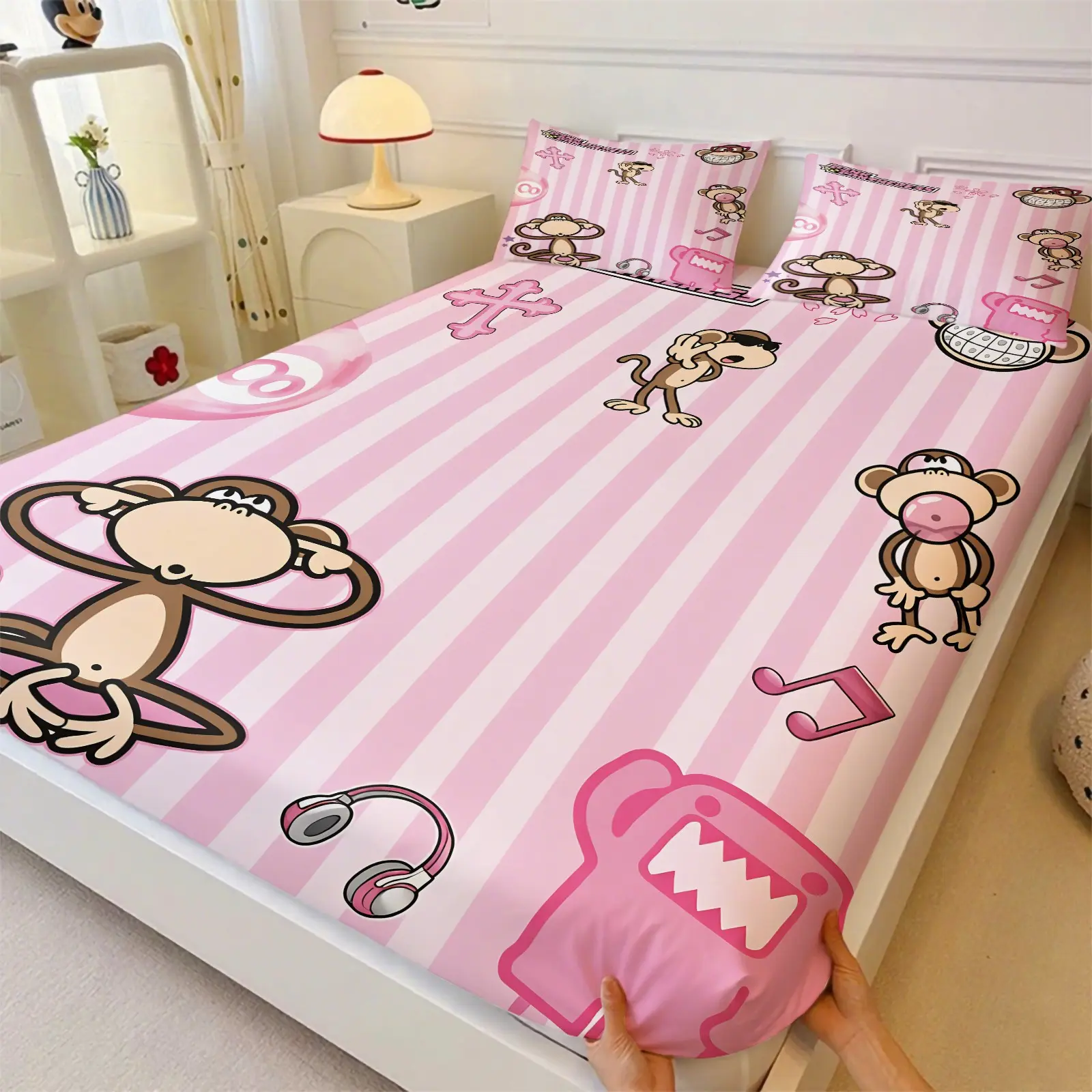 3-Piece Pink-White Striped Cartoon Music Monkey Fitted Sheet Set, Brown Hip-Hop Monkey and Trendy Elements, Soft Breathable Absorbent, Girls' Dorm/Young Girl/Trendy Music Lovers Teenage Bedroom Decor, Breathable Sheets