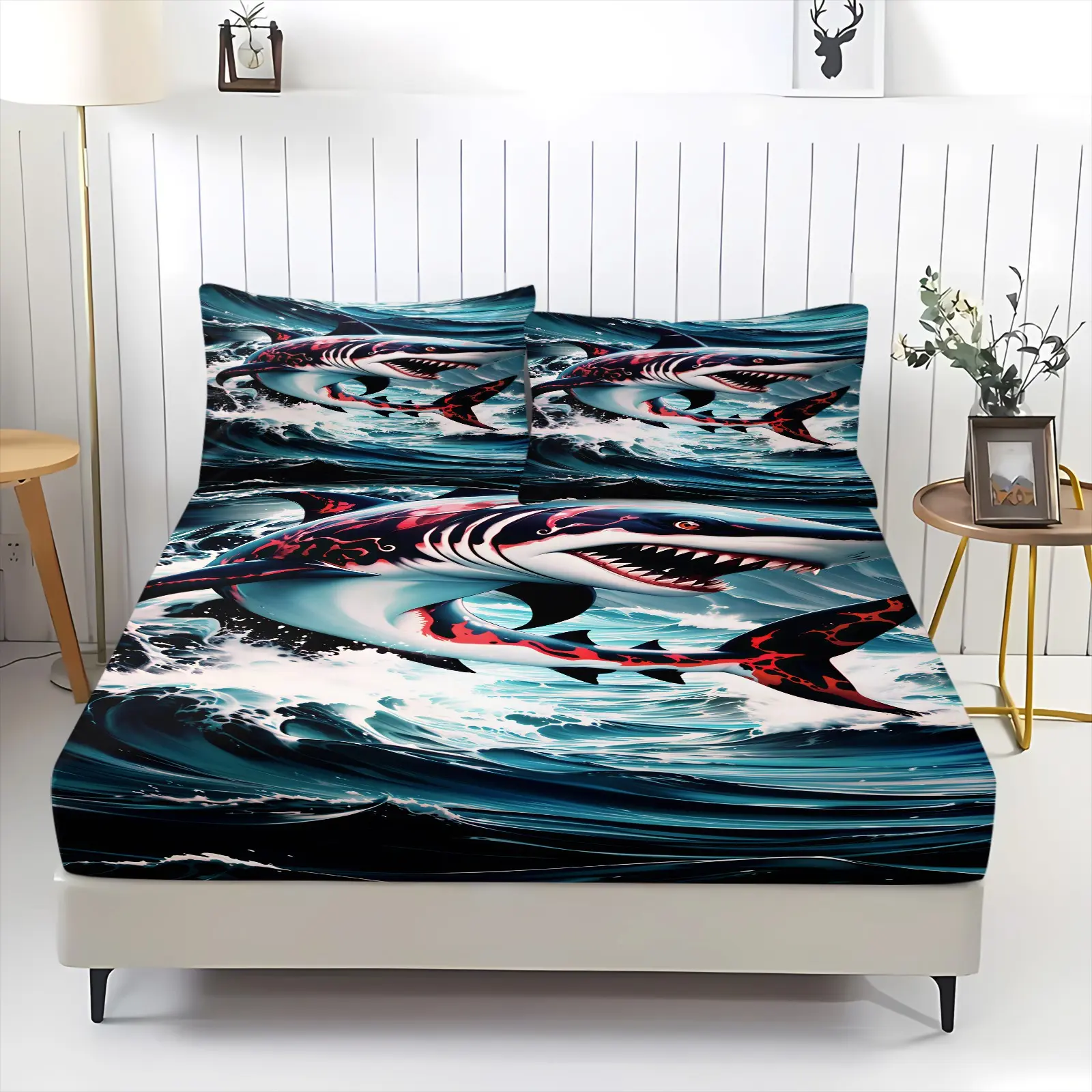 3Pcs Fierce giant shark fitted sheet set. Crafted from skin-friendly and machine washable fabric with full mattress protection design. All-season bedroom soft furnishings, suitable for dorms, personal bedrooms and hotels. Pillow inserts are not included.