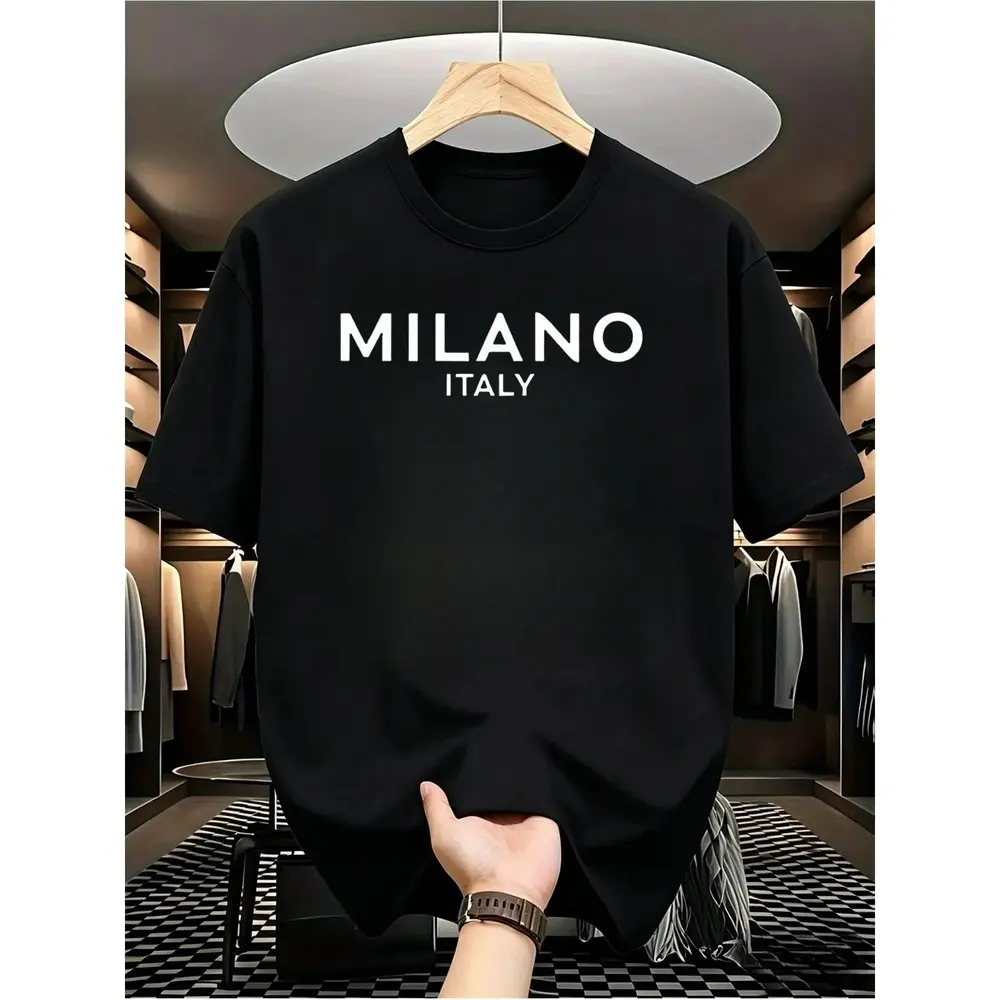 Men's Milano Italy-Themed Cotton Fabric Short-Sleeve T-Shirt - Wrinkle-Resistant, Quick-Dry, Machine-Washable Round Neck Top for Travel, Business Casual, Gift01, Tshirt, Shortsleeve, Knit, Menswear, Stretch, Alphabet Print, Casual Tee, 100% Cotton, Graphi