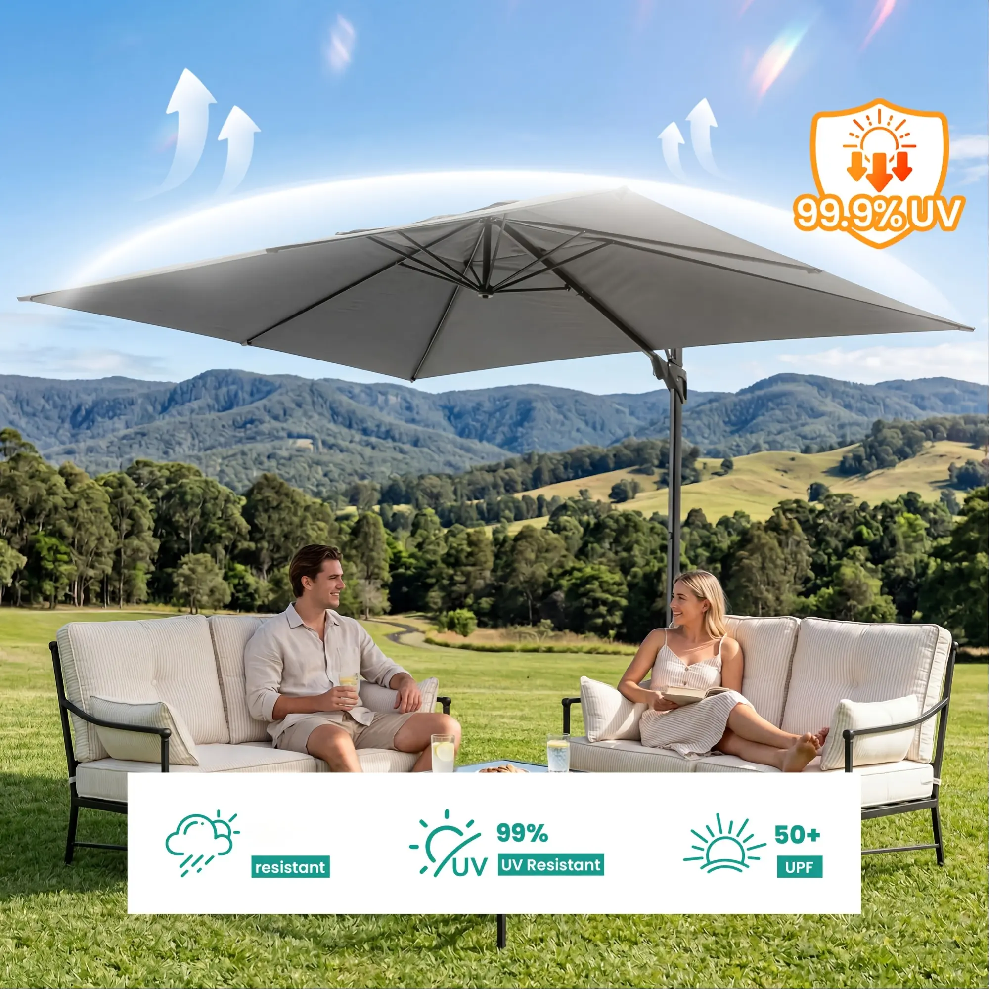 Heavy-Duty Cantilever Offset Patio Umbrella, 10x13ft Roman Sun Shade with 360° Rotating Canopy, Easy Tilt Adjustment, Suitable for Pool Deck Garden Commercial & Residential Use, Offset for Outdoor Coverage