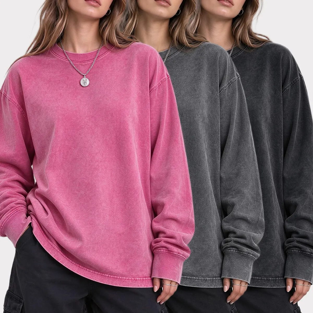 Women's 3-Pack Casual Longsleeves, Vintage Acid Wash Cotton Loose T-Shirts, Unisex Streetwear Basic Clothes for Women,sohochic