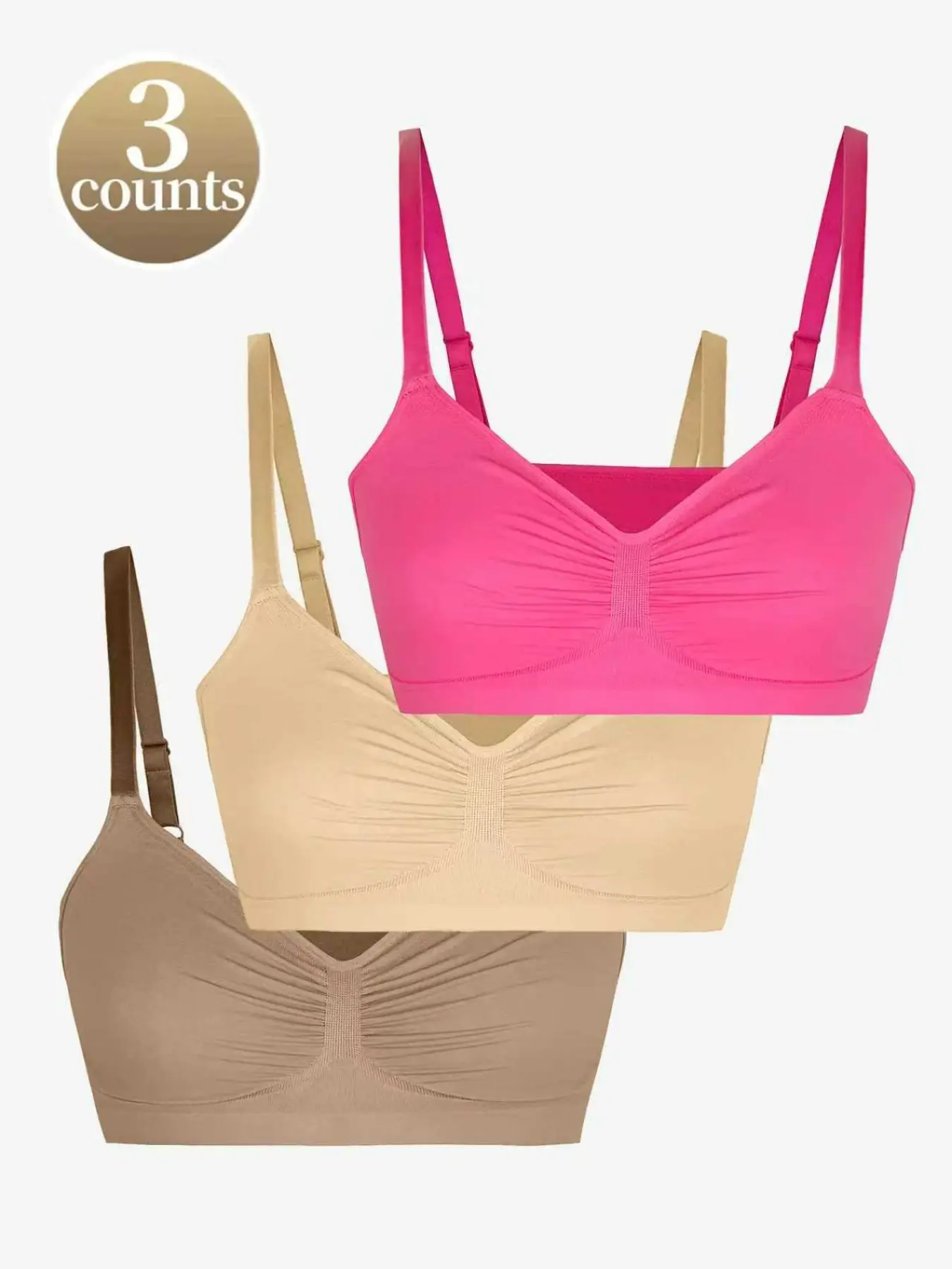 3 Pack Women's Wireless Seamless Bras, Adjustable Strap Casual Comfort Bralette Set with Soft Padded Cups, Stretch Everyday Bra Tops for Sleeping, Lounging, Travel and Daily Wear