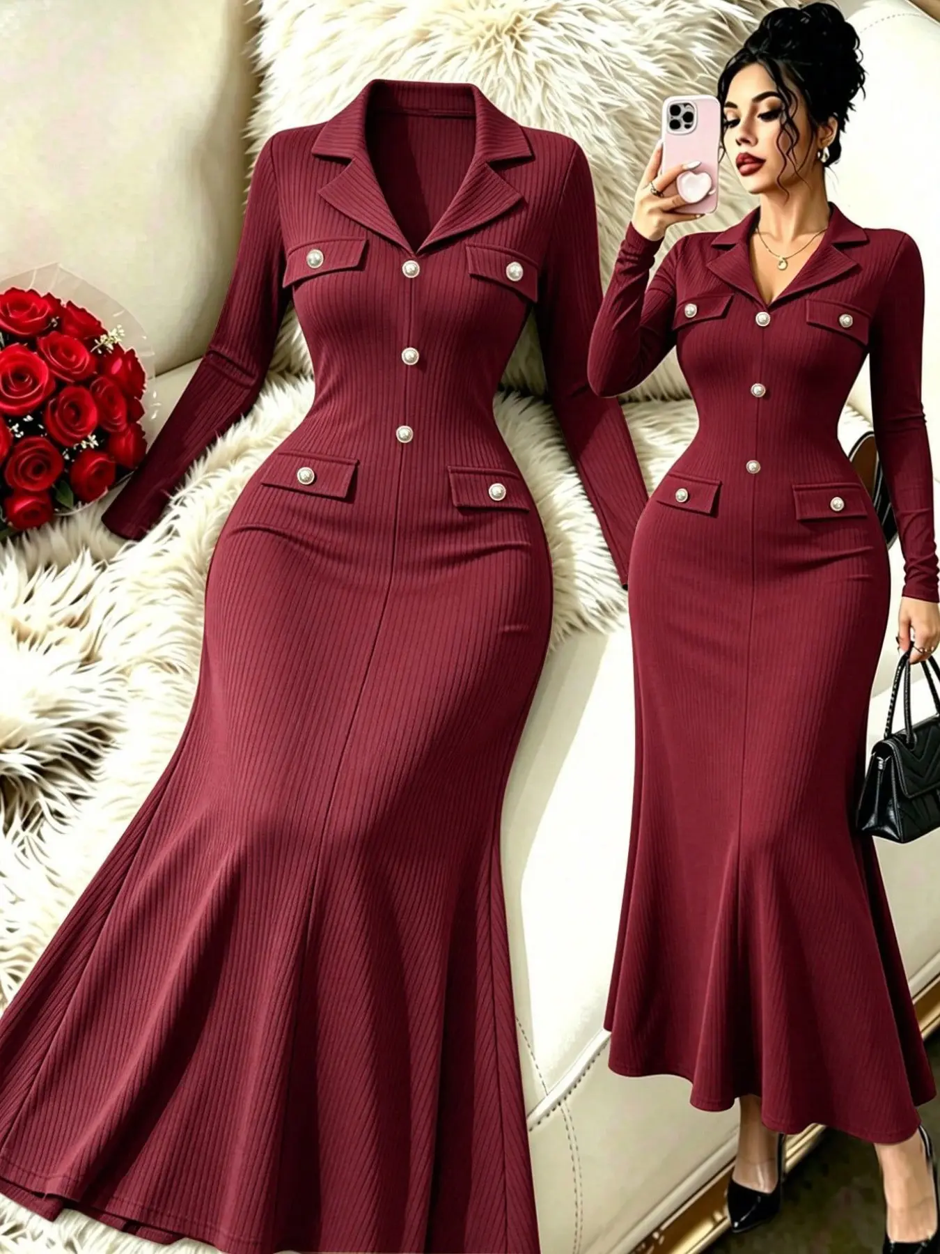 New Women's Fall Winter Knit Dress, Knitted, Lapel Long Sleeve, Decorative Button Fake Pocket, A-Line Waist Cinch, Youthful Elegant Long Dress