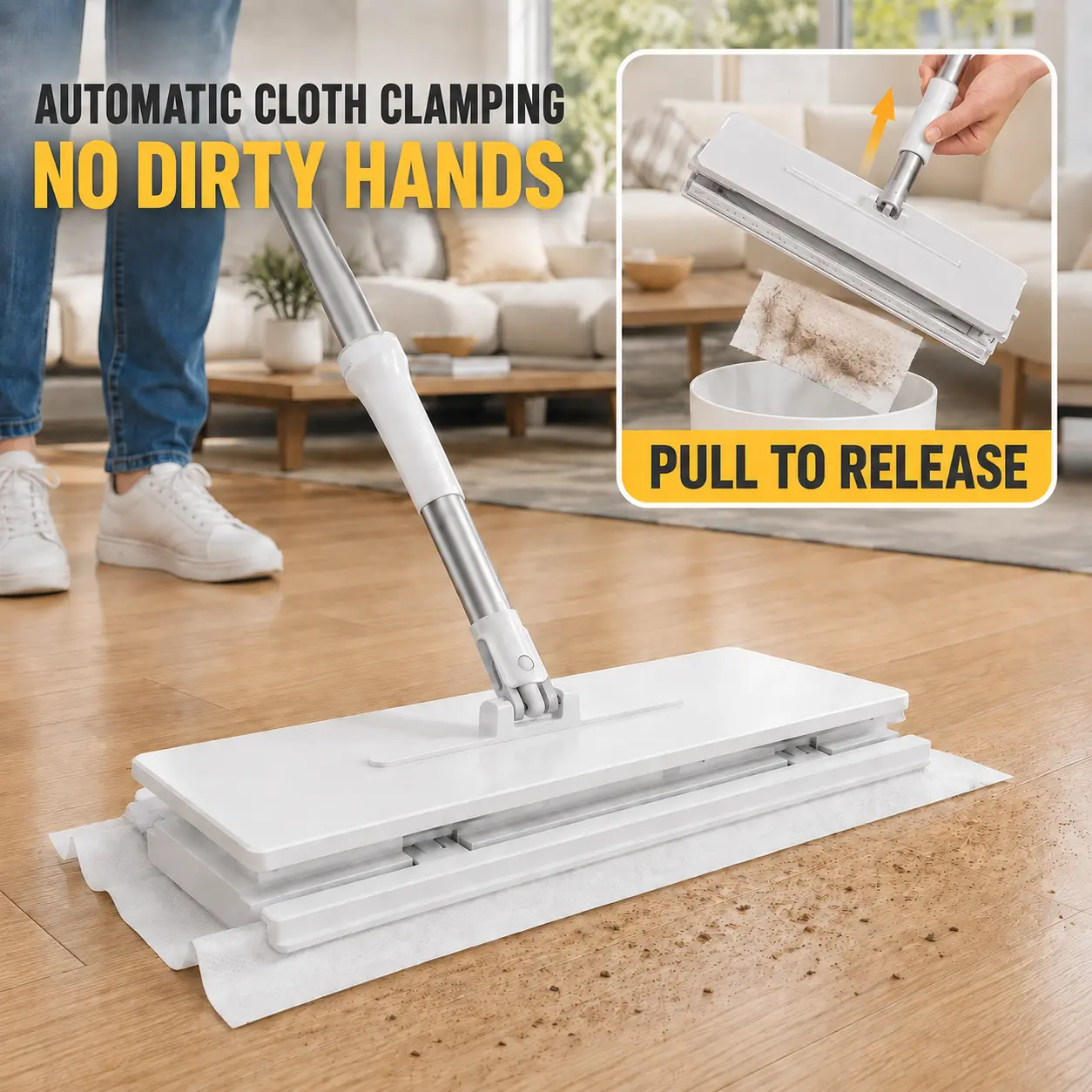 Household Smooth Large Face Towel Mop with Long Handle, Flat Clip Design, 2 Cleaning Cloths (11.5x26cm), Easy Cloth Release for Disposable Face Towels, Rags, Mop Pads, Kitchen Hardwood Tile Floors