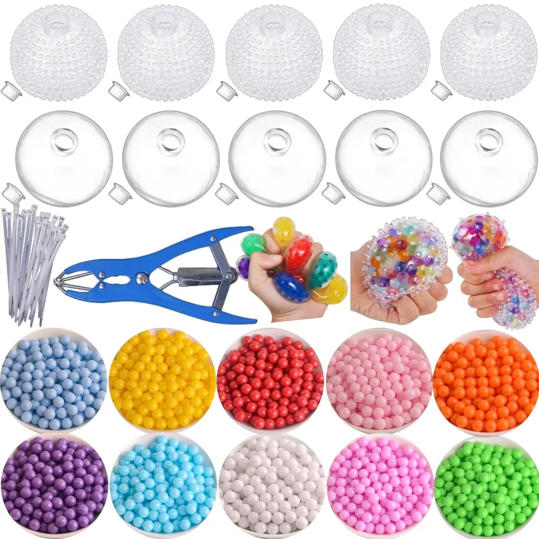DIY stress ball making kit, with 10 packs of colored bead fillers, 5 transparent spherical skins, 5 prickly ball skins, including expansion tools, can knead pressure ball making kit, suitable for adult decompression pressure soft balls