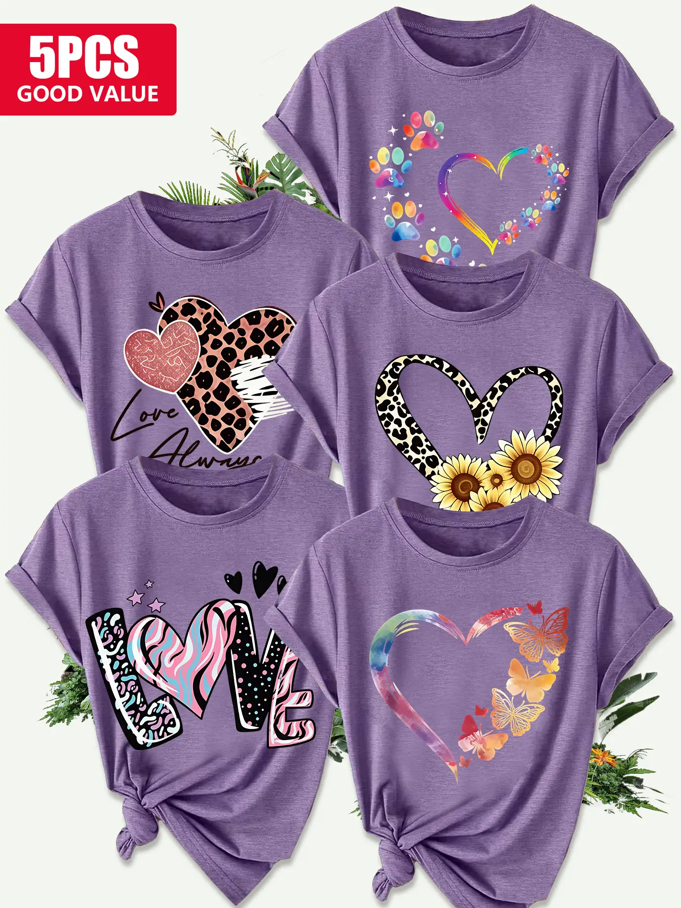 5Pcs Women Crew Tee Round Neck Casual,Rainbow Heart & Leopard Sunflower Print,multi-color,washable,soft summer top