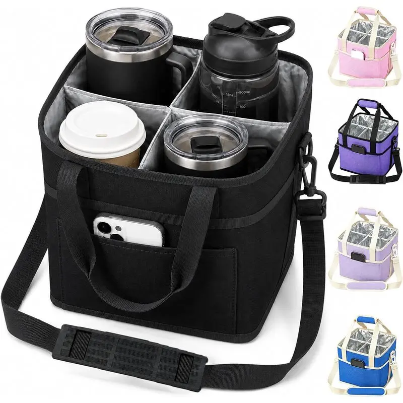4-Compartment Insulated Beverage Carrier Tote Bag - Thermal Reusable Water Bottle & Tumbler Holder with Adjustable Strap, Practical Camping Picnic Beach Caddy for Family Outings, Car Use, Coffee, Outdoor Events, Oxford Polyester, Removable Dividers