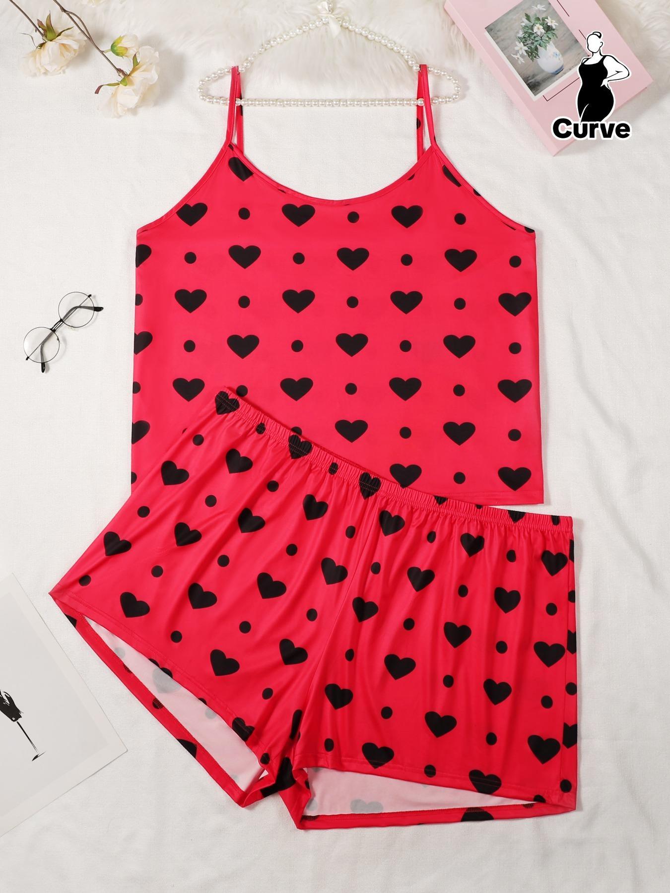 [Plus Size] Heart Polka Dot Print Pyjama Set, Casual Spaghetti Strap Cami Top & Elastic Waist Shorts Pj Set, Women's Sleepwear & Loungewear, Pajama Set