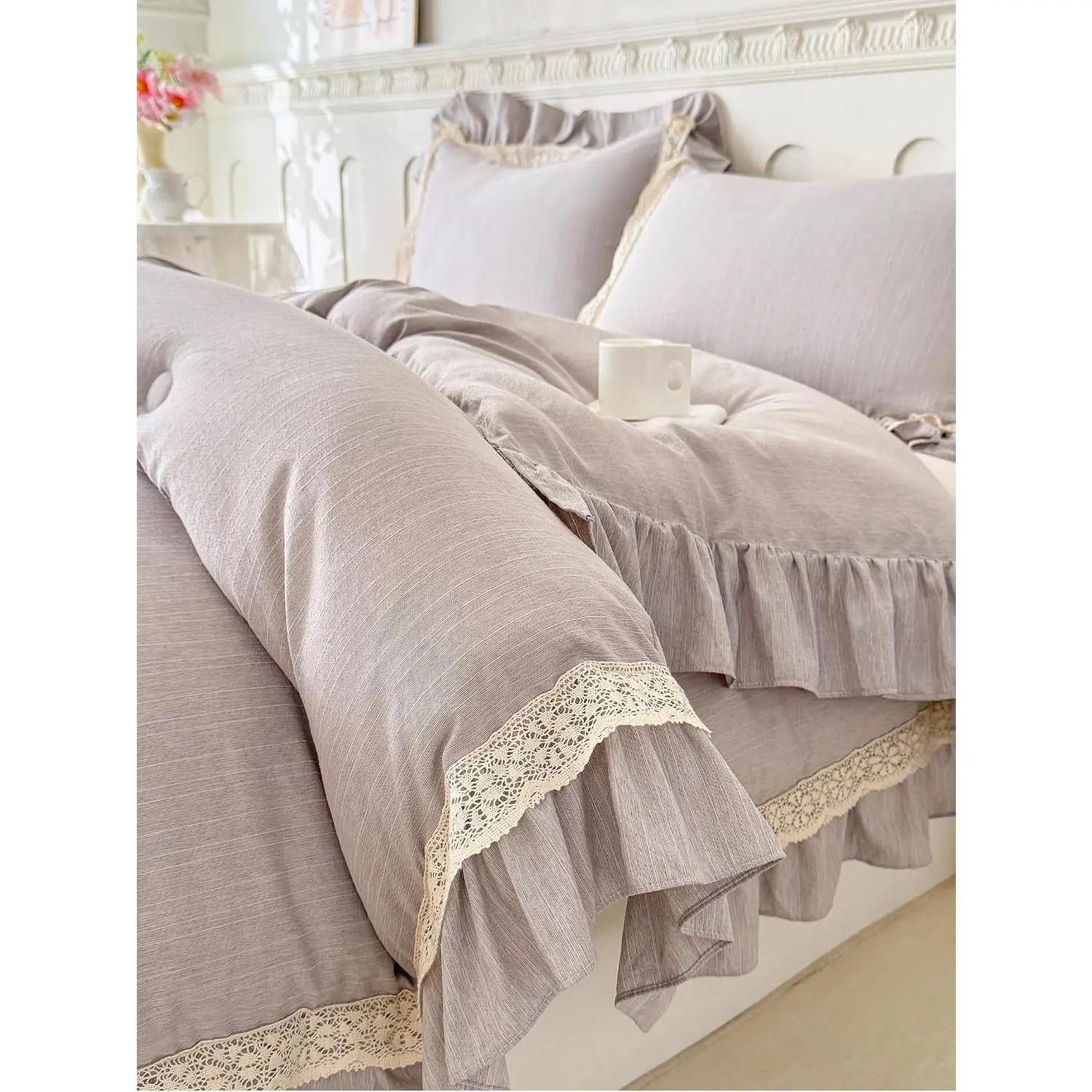 Ruffle Comforter Set Queen Size 3 Piece - Light Grey Boho Farmhouse Bedding with Lace Trim & Pintuck Details (90"x90")