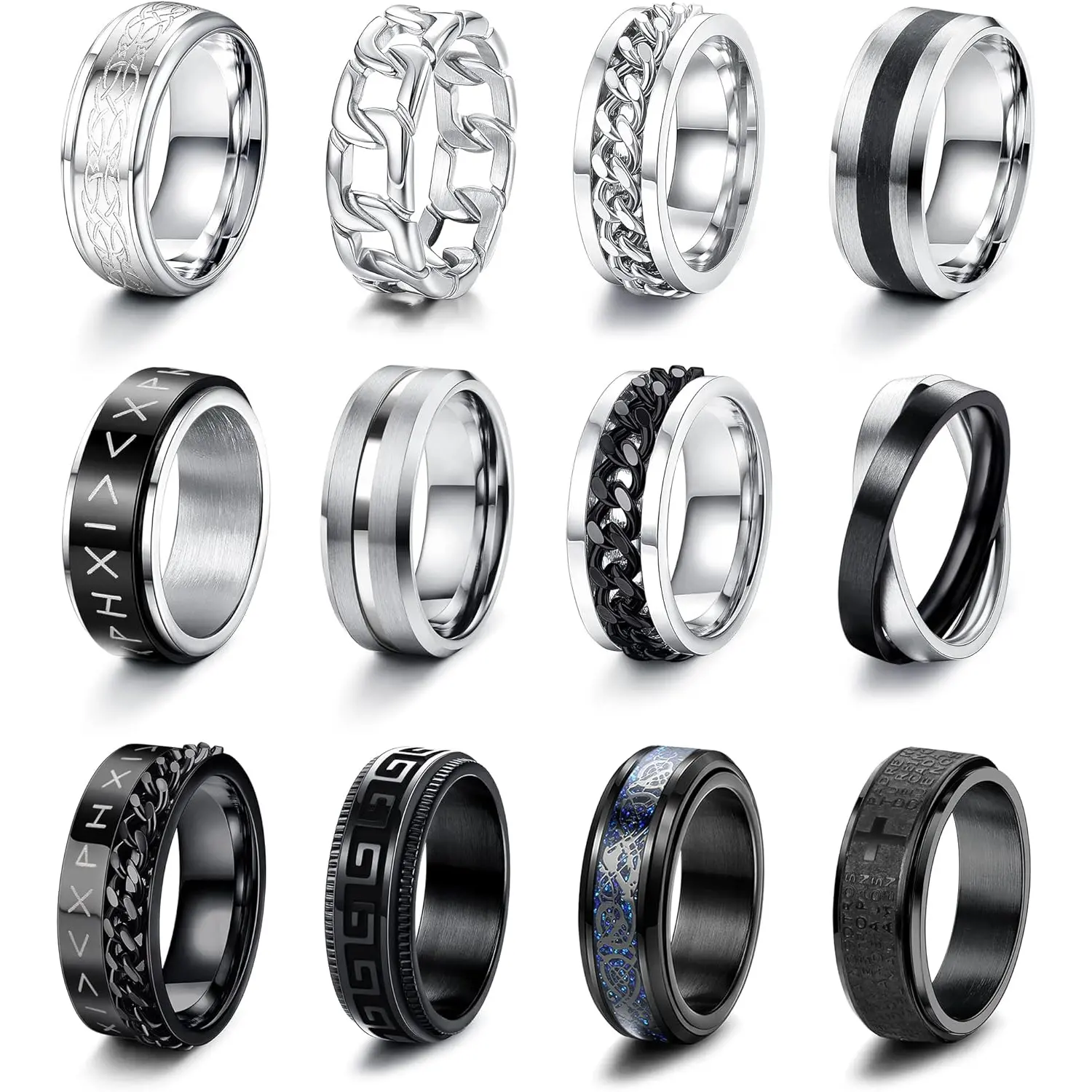 12Pcs Silver Black Rings for Men Stainless Steel Spinner Fidget Rings Matte Finish Polished Band Rings Chain Celtic Bottle Open Rings Wedding Engagement Promise Rings Size 9