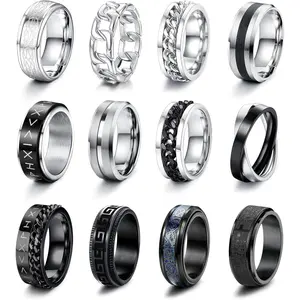 12Pcs Silver & Black Men's Rings Set, Stainless Steel Spinner Fidget Rings, Matte Polished Band Rings, Celtic Knot Bottle Opener Ring, Wedding Engagement Promise Rings, Size 13