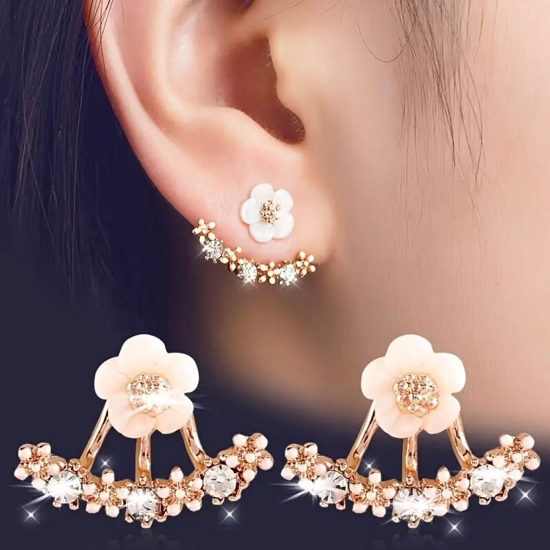 Daisy Flower Motif Stud Earrings, Korean-Style Back-Hanging Fashion Costume Jewelry, Ideal for Casual Occasions, Hypoallergenic Earrings Set, Casual & Party