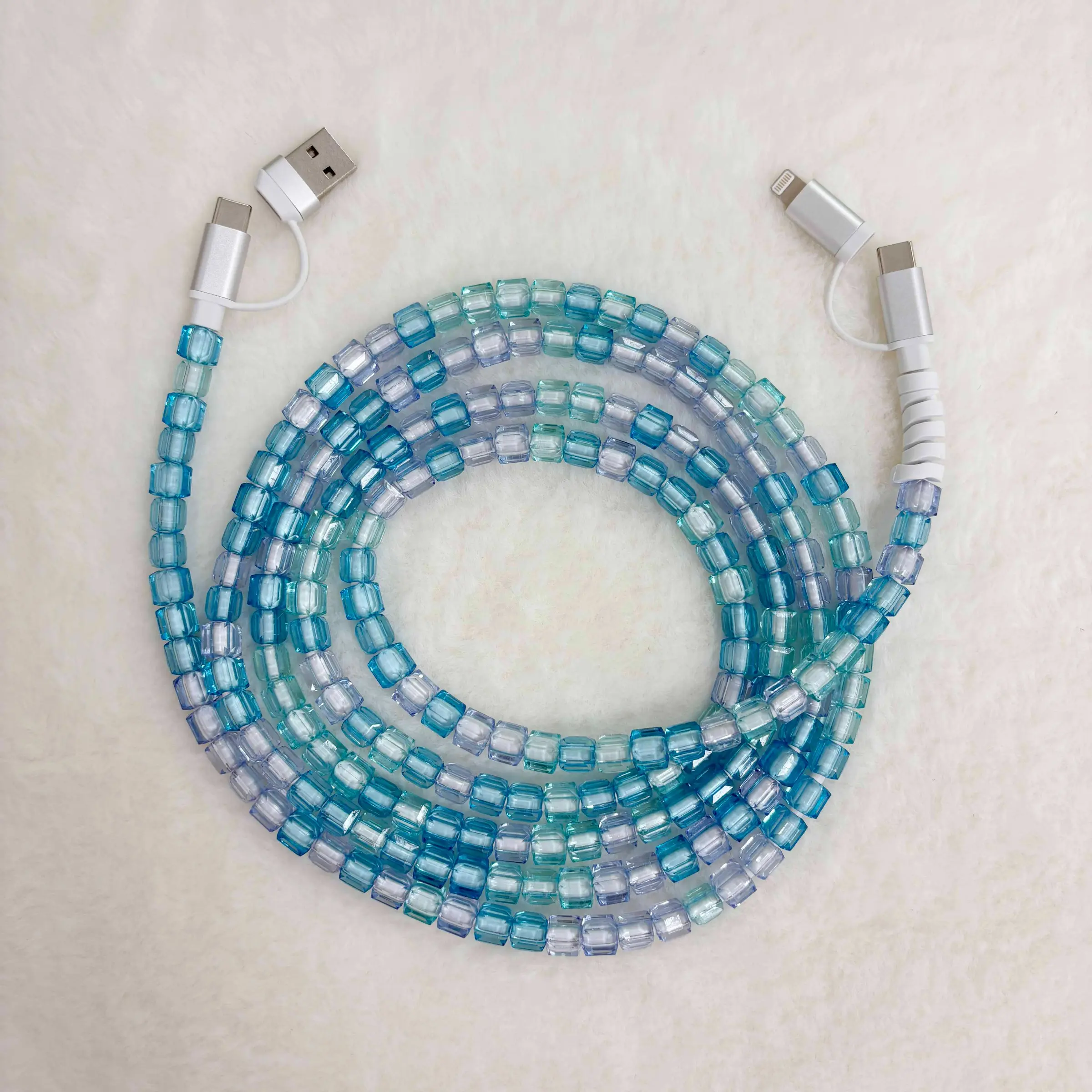 Beaded 4 In 1 Square Sugar Decor Cellphone Fast Charge PD Charging Cable 5.9 Foot 60W Max Fast Charging Works With All USB C And Lightning Devices Perfect Fast Charge Cable For Ladies