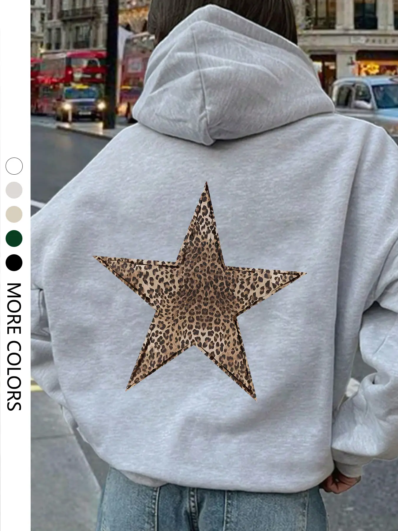Women's Leopard Print Star Pattern Hoodie, Casual Loose-Fit Drawstring Pocket Sweatshirt, Fall Winter Outerwear for Daily Wear