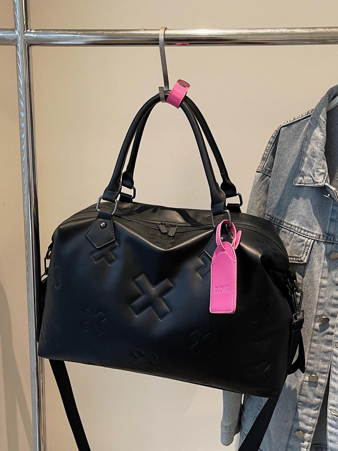 Cross Embossed Handbag, Contrasting Color Design, Portable Single-shoulder Commuting Large-capacity Boston Bag, Single-shoulder Crossbody Multi-purpose Commuter Bag, Suitable for Short-distance Travel, Sports and Fitness, Elegant Embossed Bag