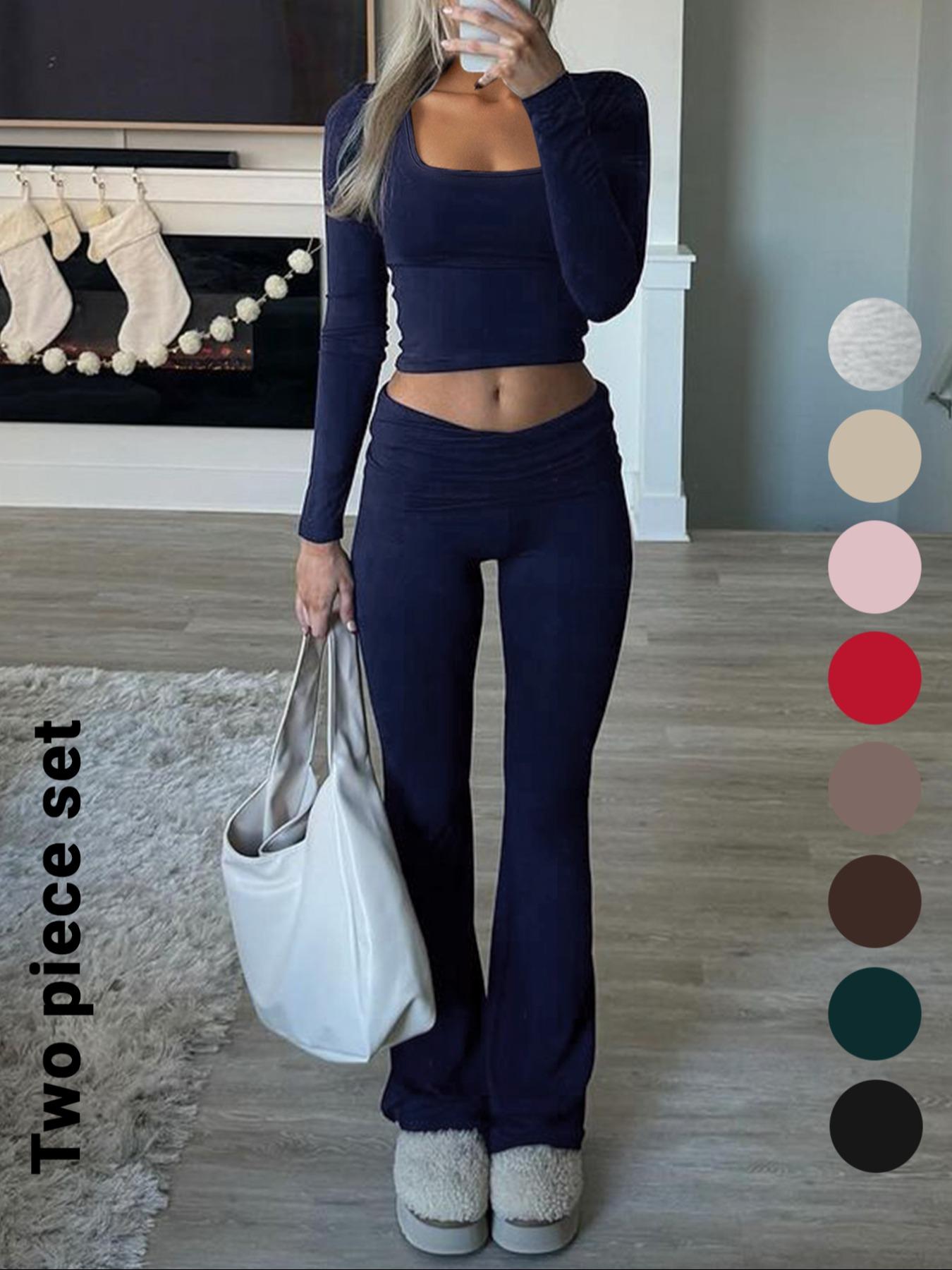 Women's Solid Color Square Neck Crop Tee & Flare Leg Pants Two-Piece Set, Casual Fashion Cozy Two Piece Outfits for Daily Outdoor Wear,Airport Outfit, Cropped Top