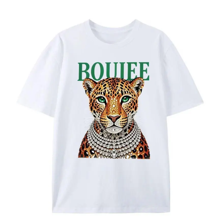 Comfortable leopard print shirt, gorgeous fashion patterned T-shirt, trendy animal print T-shirt, luxurious diamond sequin leopard head pattern T-shirt, women's white luxury aesthetic short sleeve, summer breathable