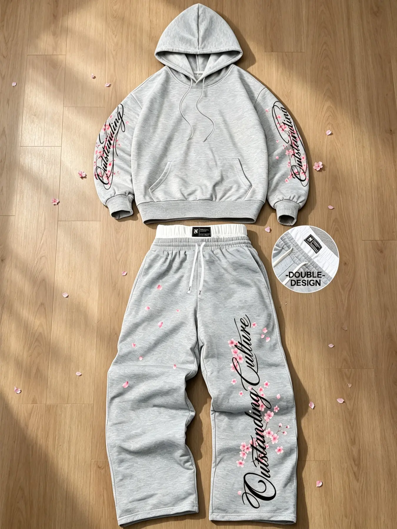 Unisex Y2K Cherry Blossom Print Hoodie and Sweatpants Set Gray Oversized Streetwear Tracksuit Sakura Petal Graphic Black Letter Print Double Layer Waistband Soft Comfort Loungewear Teen Daily Hangout Gym Warm Up Couple Matching Outfit