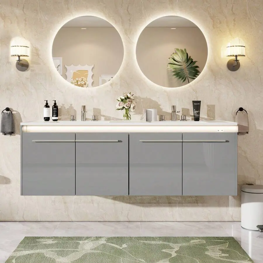 60 Inch Double Sink Floating Vanity , Modern Gloss-Mounted Bathroom Vanity With Sink Set And Sleek Metal Handles