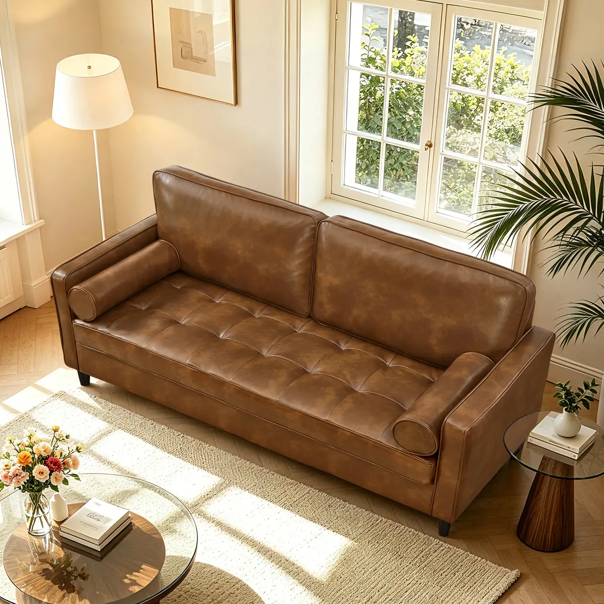[Bellemave] Classic Design Leather Couch,Breathable Faux Leather with Tufted Seat Cushion Solid Wood Legs Sofa for Living Room, Office, Brown