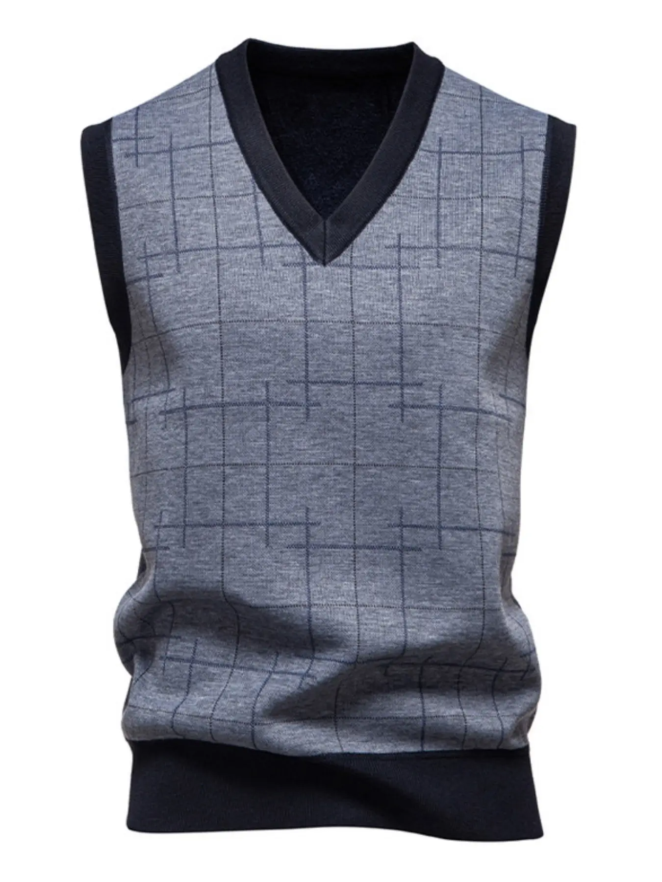 Men's Irregular Grid Jacquard Knit Gilet, Contrast Black V-Neck Sleeveless Pullover Vest, Slim Business Casual Knitted Waistcoat, Thick Warm Lined Layering Sweater Tank Top for Middle Aged Men Autumn Office Wedding Daily Outfits