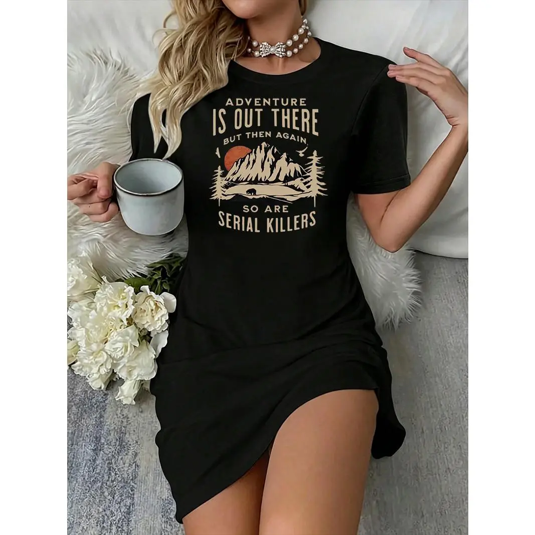 Humorous Outdoor Adventure Quote Letter Slogan Graphic Print Retro Mountain Forest Bear Landscape Crew Neck Short Sleeve Oversized T Shirt Dress Loose Hem Lightweight Casual Lounge Sleep Mini Nightshirt