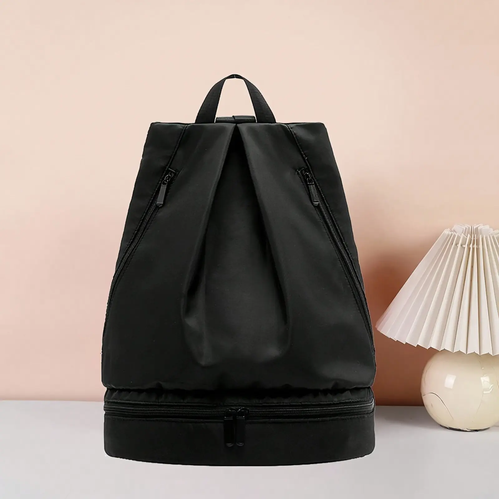 Black Nylon Drawstring Backpack with Shoe Compartment, 2026 Hot Gym Waterproof Sackpack, Double Side Zipper Pocket Foldable Sports Rucksack, Lightweight Adjustable Strap Bag for Swimming Fitness Travel Outdoor Workout