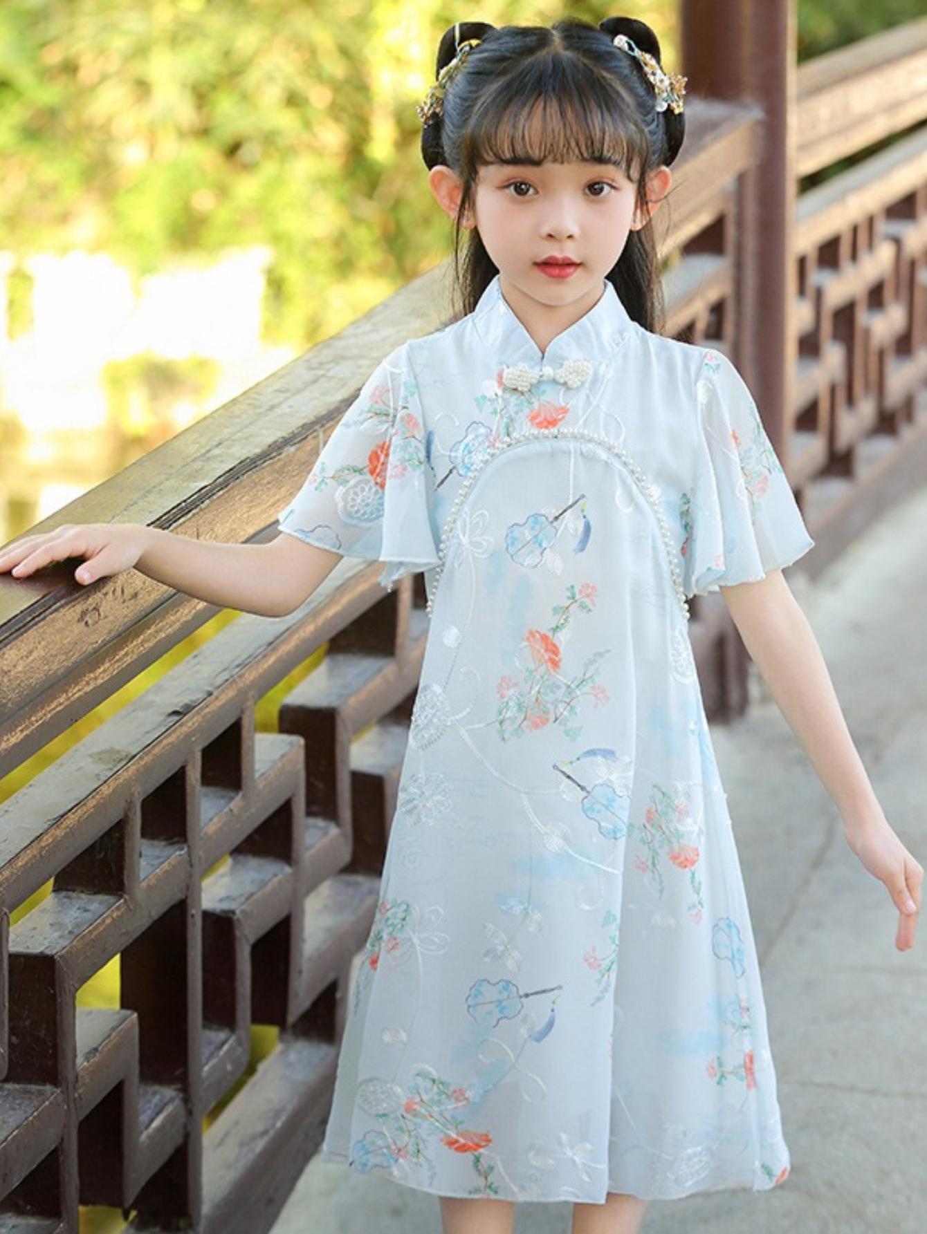 NewGirls' Chinese Style Cheongsam Chiffon Dress Summer Hanfu Light Comfortable Fashion Casual Princess Dress for Outdoor Activities Gifts Party