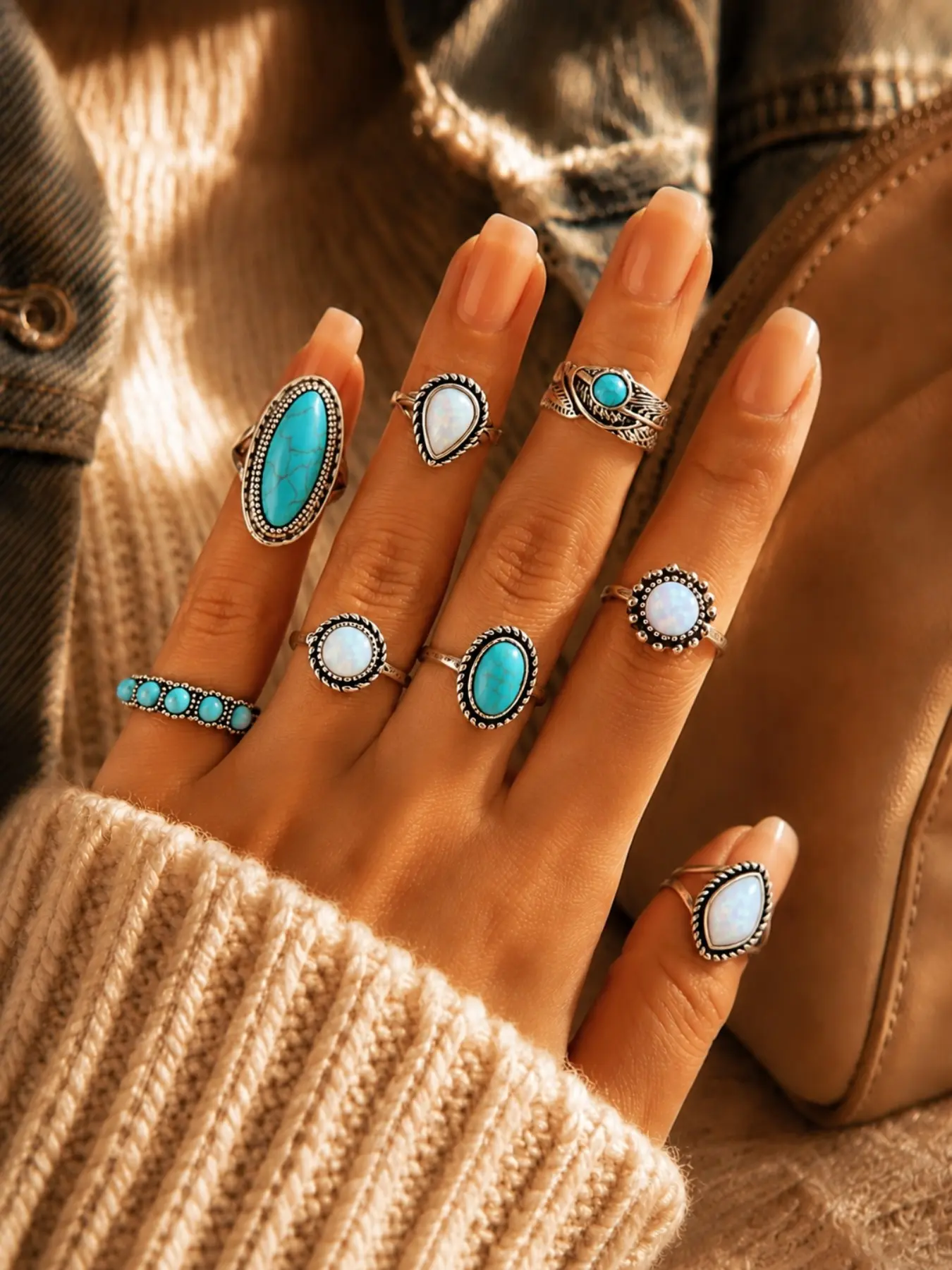 8pcs Western Turquoise Ring Set for Women, Bohemian Cowgirl Statement Jewelry, Vintage Style Stackable Rings, Festive & Everyday