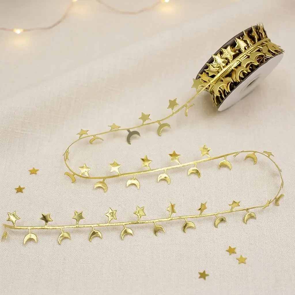Two rolls of ribbon printed with gold star and moon patterns, jewelry gift box packaging ribbons, decorated with star-shaped glitter and sequins, suitable for parties, Christmas decorations, gift wrapping, home décor and other occasions.
